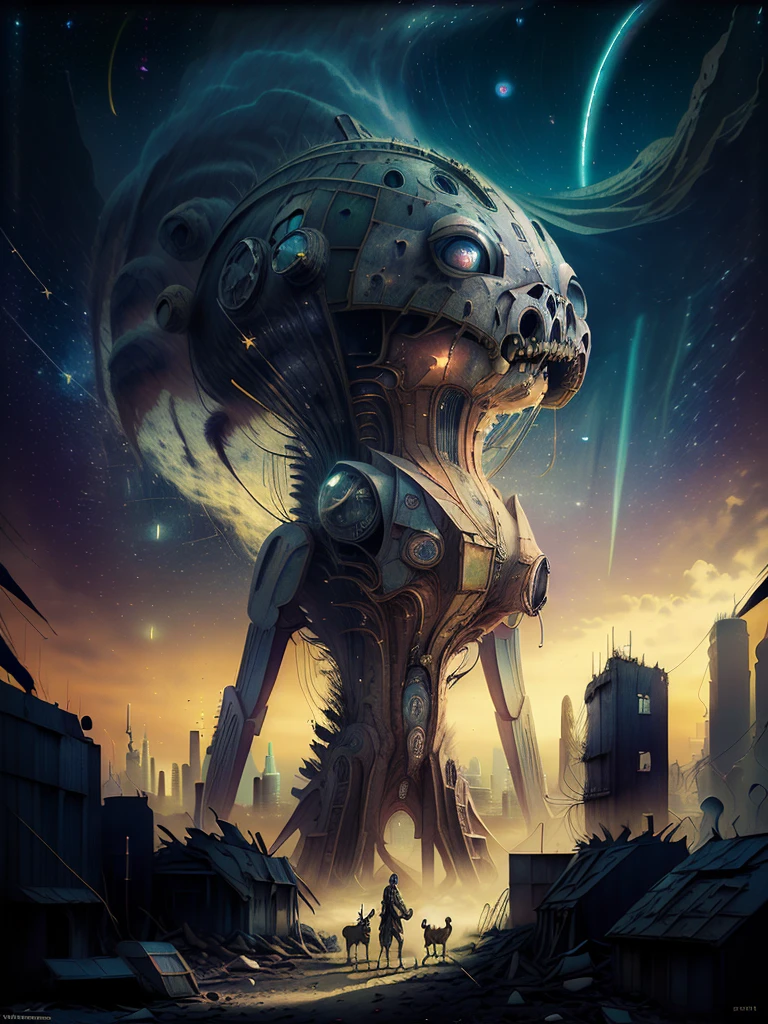 general shot: 1.3, masterpiece, ((apocalyptic city scenery with a night sky and starry mutant animals: 1.5)),(( full of stars and galaxies: 1.5)), very beautiful digital art, digital art. highly detailed and highly detailed magical fantasy, colorful digital fantasy art, highly detailed digital art, beautiful and gorgeous digital art, highly detailed digital painting, 32k