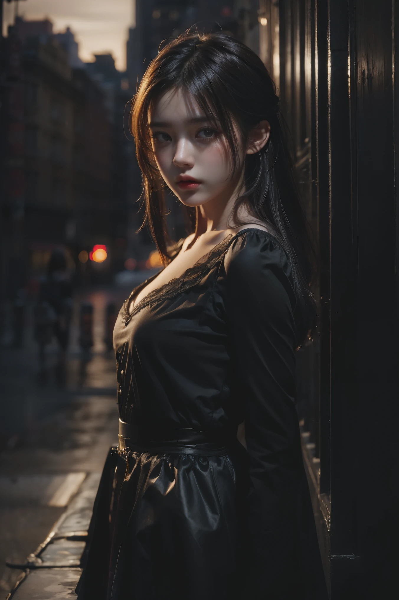 1girl, (looking at viewer:1.2), detail face, (a girl standing, rending on cgsociety, black shadows, streaming, new york backdrop), romanticism, atmospheric, (RAW photo, best quality), (realistic, photo-realistic:1.3), masterpiece, an extremely delicate and beautiful, extremely detailed,