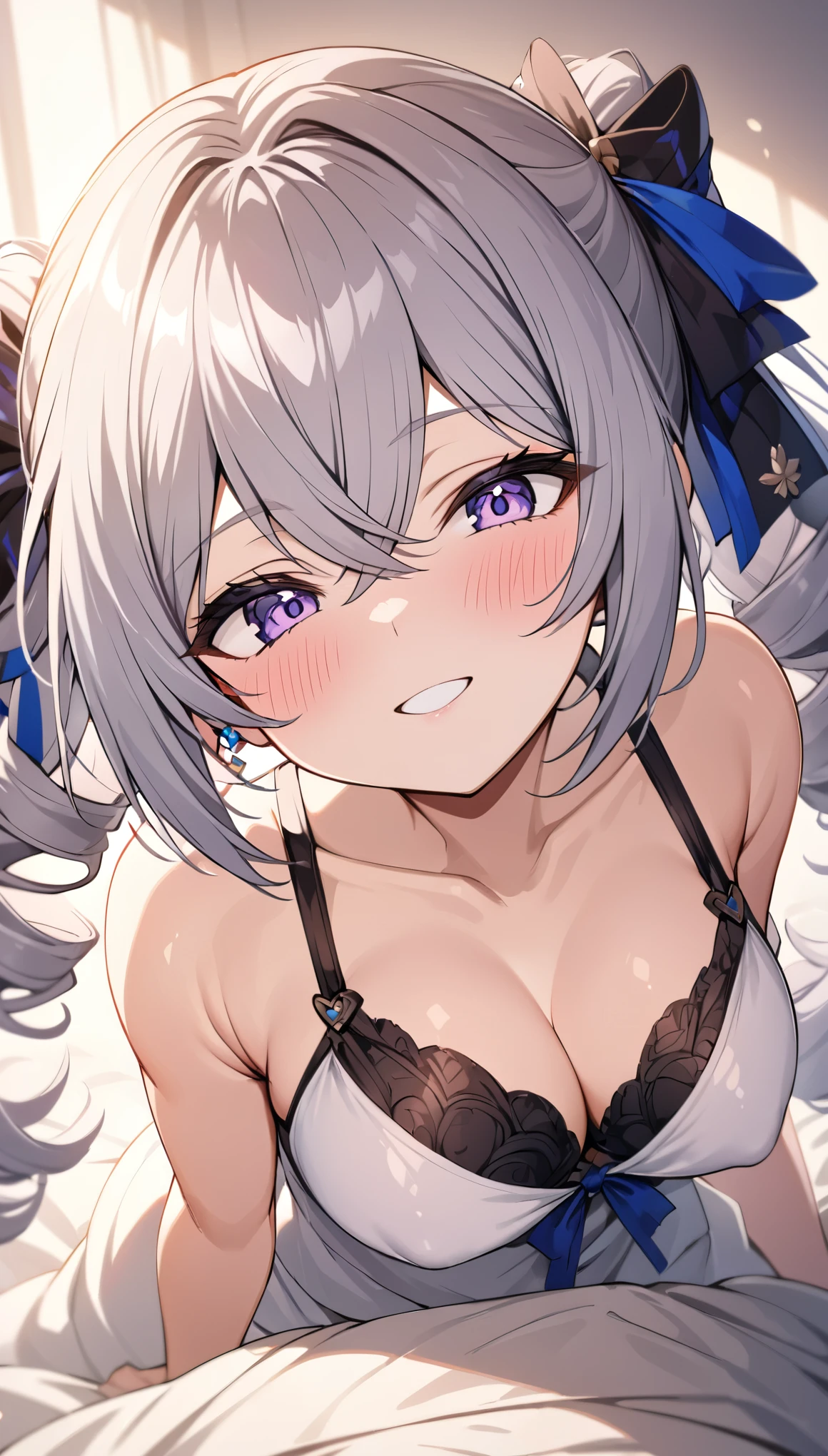 bronya, long grey hair, beautiful face,smiling,close up to hips, moderate breast, sitting on bed leaning slightly back, wearing white pajamas, (open mouth:0.4),illustration,detailed textures,ultra-detailed,portrait style,vivid colors,soft lighting. blushing, black bras, in love, 1 girl, pov kiss