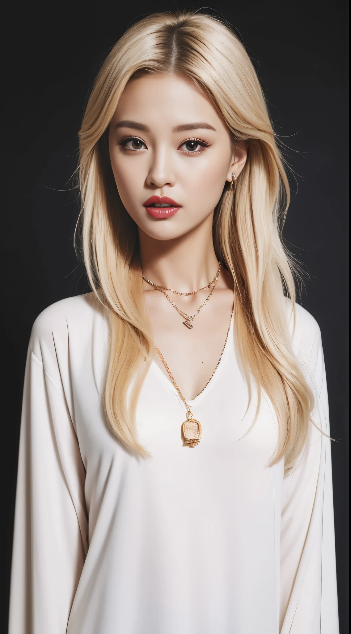 Photorealistic, High resolution, 1womanl, Solo, hips up high, view the viewer, (Detailed face), Narrow waist, Closed lips, Blonde gradient hair, Long hair, Street attire, Jewelry, a necklace、piercings、、Very small bust、flat breast、HIPPHOP、rapper、Girl Crush
