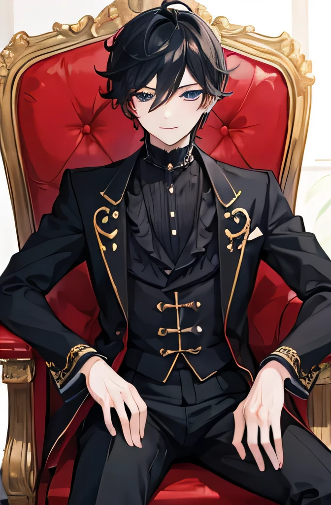 animated - image de style d'un homme en costume assis sur une chaise rouge, Beau prince androgyne, prince, royal elegant pose, Tenue royale , Belle pose d'animated,, portant un costume noble noir, inspired by'Okumura Masanobu, beau mec dans l'art du tueur de démons, art d'detailed key animated, boy with jet black hair, Blue-eyed boy, boy sitting on a throne, boy with a reassuring smile