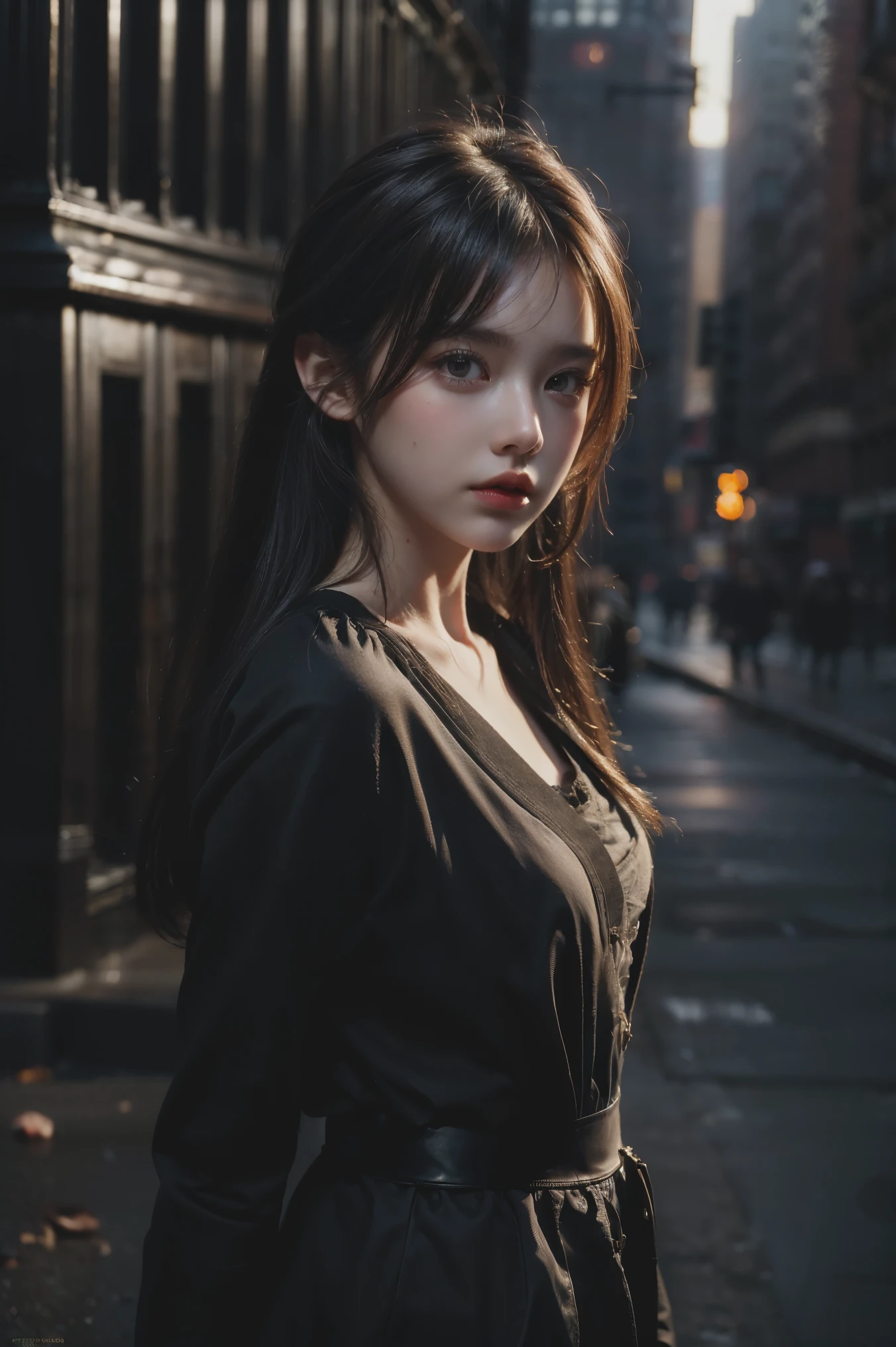 1girl, (looking at viewer:1.2), detail face, (a girl standing, rending on cgsociety, black shadows, streaming, new york backdrop), romanticism, atmospheric, (RAW photo, best quality), (realistic, photo-realistic:1.3), masterpiece, an extremely delicate and beautiful, extremely detailed,
