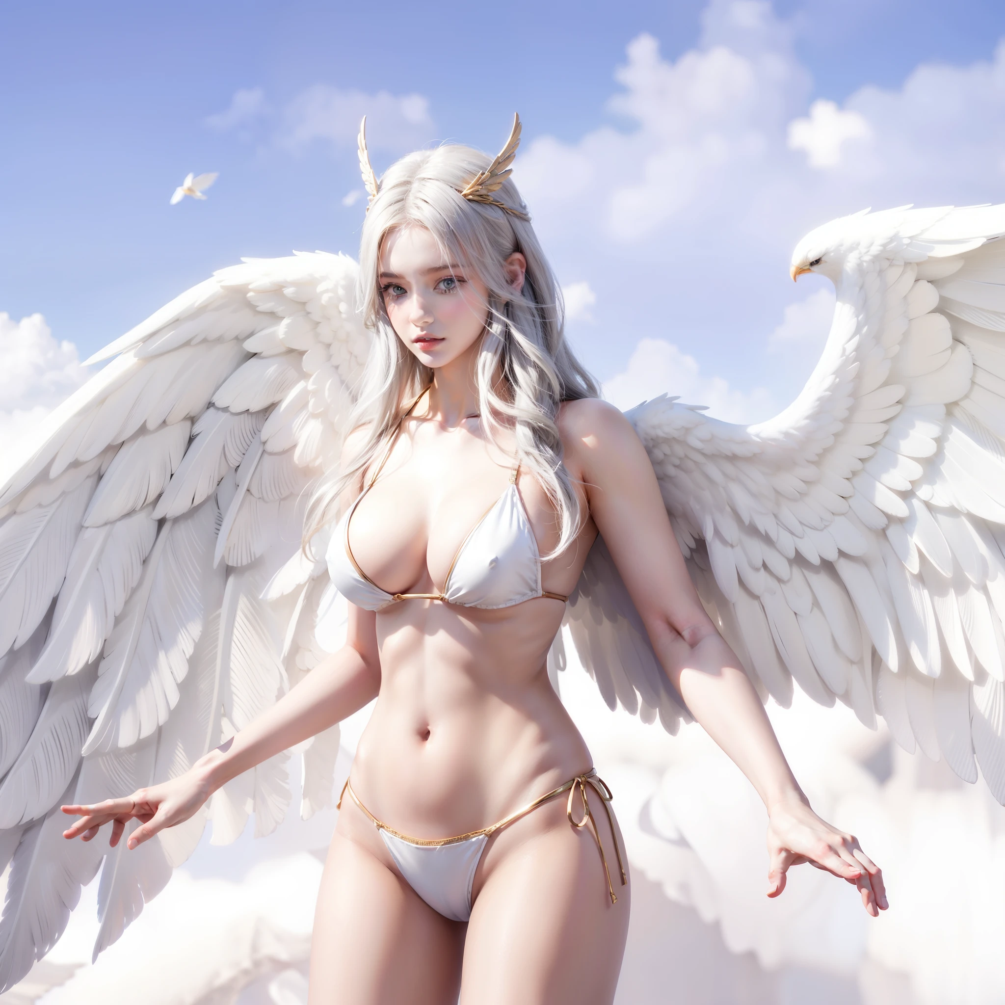 il y a une femme en bikini avec des ailes par temps nuageux, ange majestueux complet du corps, Beautiful female angel, ange, tall female angel, of bel ange, of an beautiful ange, bel ange, ange chevalier fille, Grand ange, super Grand ange, ailes d&#39;epic angel, beautiful cyborg ange, Angel winged girl, goddess. Extremely high detail