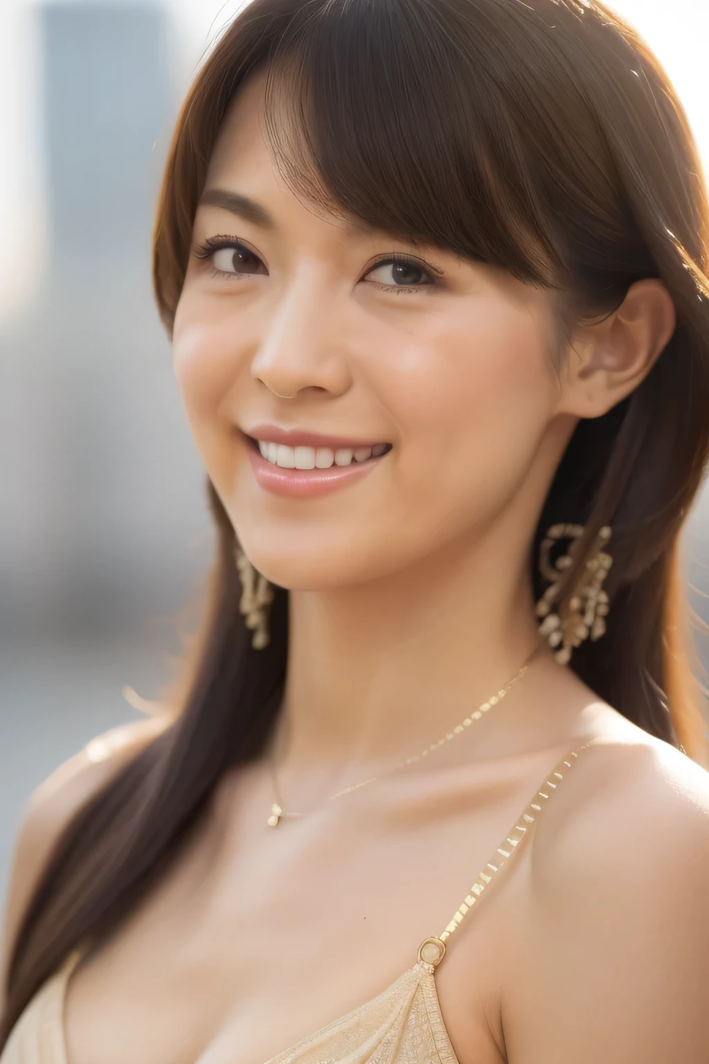 NSFW:1.3:((highest quality、8K resolution、master masterpiece、portrait:1.3)), Photoreal, 35mm film, mature woman:1.5,daytime, wrinkles around the eyes,wrinkles around the mouth,((fancy gold bra_panties:1.3)) , (outdoors_city street: 1.3), jumbled background,look at the audience,(Tokyo cityscape:1.3), whole body,smile