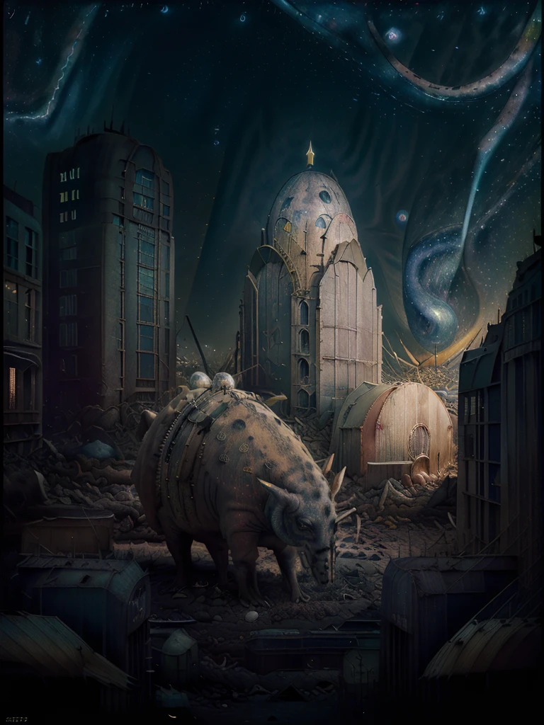 general shot: 1.3, masterpiece, ((apocalyptic city scenery with a night sky and starry mutant animals: 1.5)),(( full of stars and galaxies: 1.5)), very beautiful digital art, digital art. highly detailed and highly detailed magical fantasy, colorful digital fantasy art, highly detailed digital art, beautiful and gorgeous digital art, highly detailed digital painting, 32k