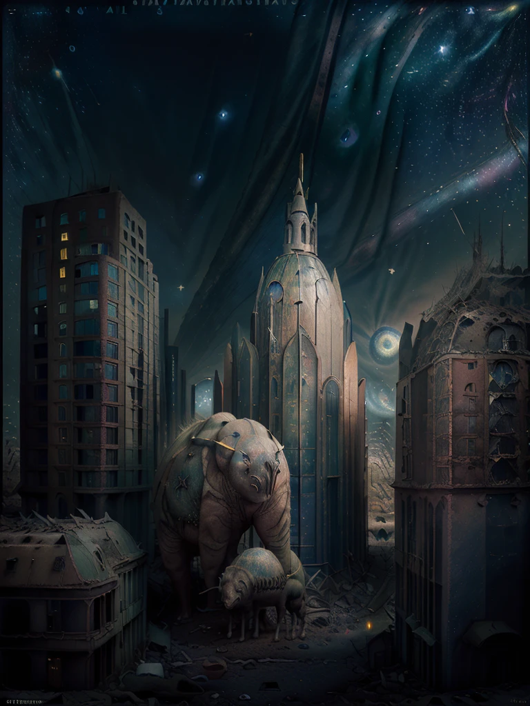 general shot: 1.3, masterpiece, ((apocalyptic city scenery with a night sky and starry mutant animals: 1.5)),(( full of stars and galaxies: 1.5)), very beautiful digital art, digital art. highly detailed and highly detailed magical fantasy, colorful digital fantasy art, highly detailed digital art, beautiful and gorgeous digital art, highly detailed digital painting, 32k