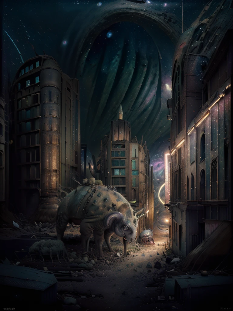 general shot: 1.3, masterpiece, ((apocalyptic city scenery with a night sky and starry mutant animals: 1.5)),(( full of stars and galaxies: 1.5)), very beautiful digital art, digital art. highly detailed and highly detailed magical fantasy, colorful digital fantasy art, highly detailed digital art, beautiful and gorgeous digital art, highly detailed digital painting, 32k
