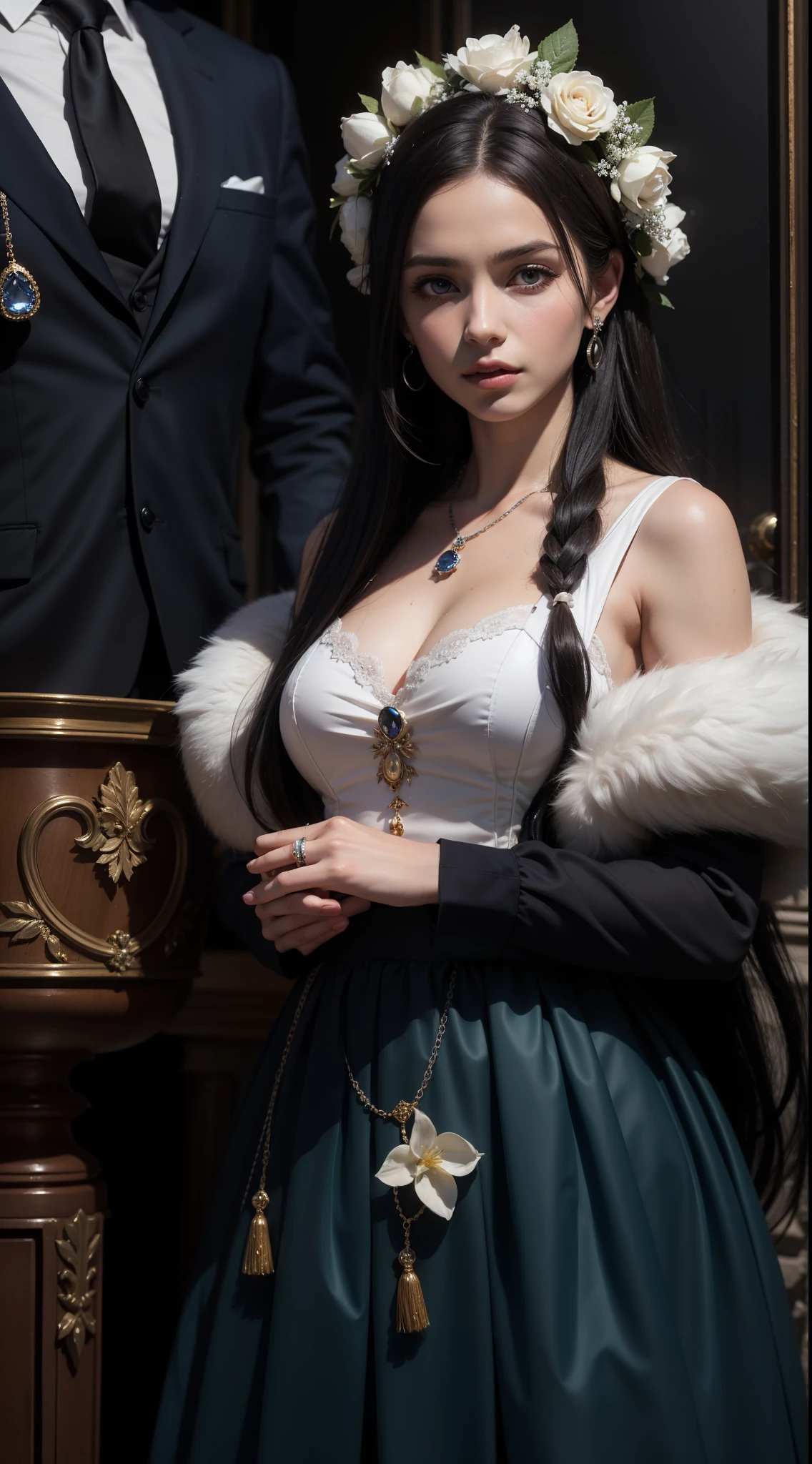 ((photorealism, high quality, detail)), (more than half of the body) An aristocratic young woman from a fictional European medieval aristocracy looks at us with seductive eyes. . (standing, holding her skirt with her hands) she is dressed in a simple blue dress made of fabric with a very low neckline, silver jewelry (sapphire jewelry). The hair is decorated with white flowers