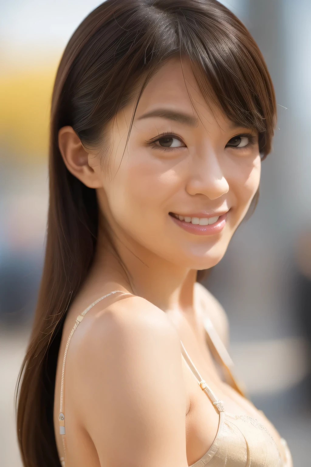 NSFW:1.3:((highest quality、8K resolution、master masterpiece、portrait:1.3)), Photoreal, 35mm film, mature woman:1.5,daytime, wrinkles around the eyes,wrinkles around the mouth,((fancy gold bra_panties:1.3)) , (outdoors_city street: 1.3), jumbled background,look at the audience,(Tokyo cityscape:1.3), whole body,smile