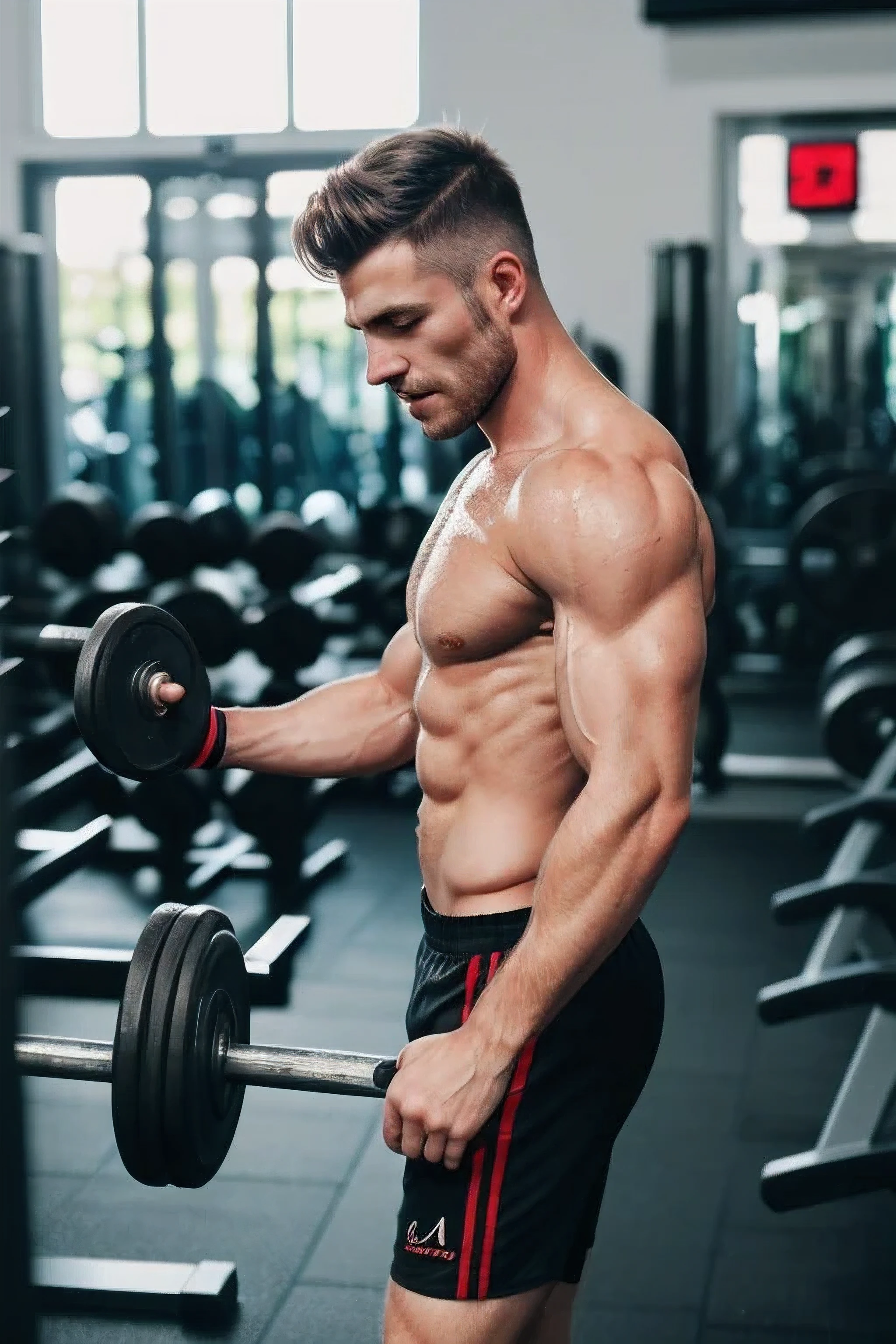sweaty strong man in the gym with a glass of juice in his hand