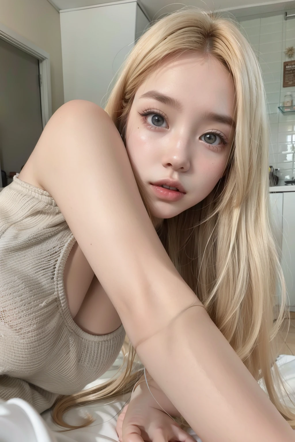 Chica de cabello rubio con cabello largo recostada en una cama, long cabello rubio y ojos grandes, cabello rubio y ojos grandes, pelo largo y rubio y ojos grandes, dulce conejita ultrarrealista, ava max, pale milky white porcelain skin, pale porcelain white skin, muchacha coreana, ulzzang, jointed doll, sakimichan, pale korean adorable face