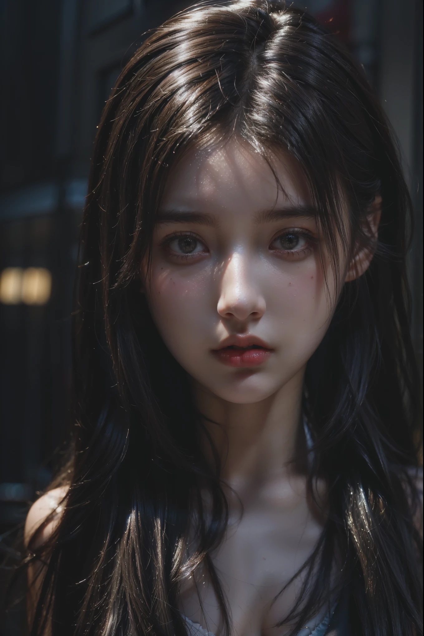 1girl, (looking at viewer:1.2), detail face,  (a girl standing, rending on cgsociety, black shadows, streaming, new york backdrop), romanticism, atmospheric, (RAW photo, best quality), (realistic, photo-realistic:1.3), masterpiece, an extremely delicate and beautiful, extremely detailed,