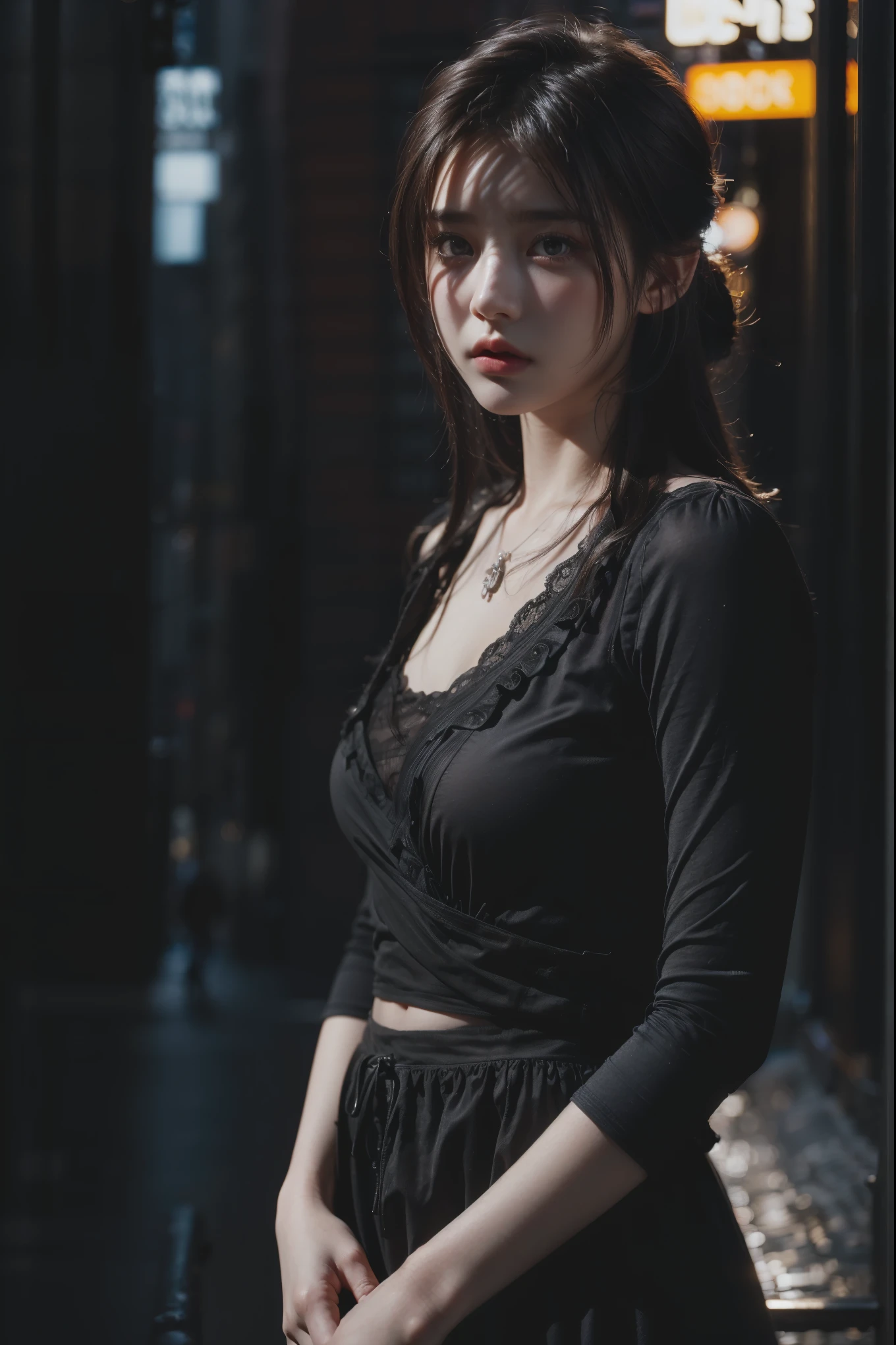 1girl, (looking at viewer:1.2), detail face, (a girl standing, rending on cgsociety, black shadows, streaming, new york backdrop), romanticism, atmospheric, (RAW photo, best quality), (realistic, photo-realistic:1.3), masterpiece, an extremely delicate and beautiful, extremely detailed,