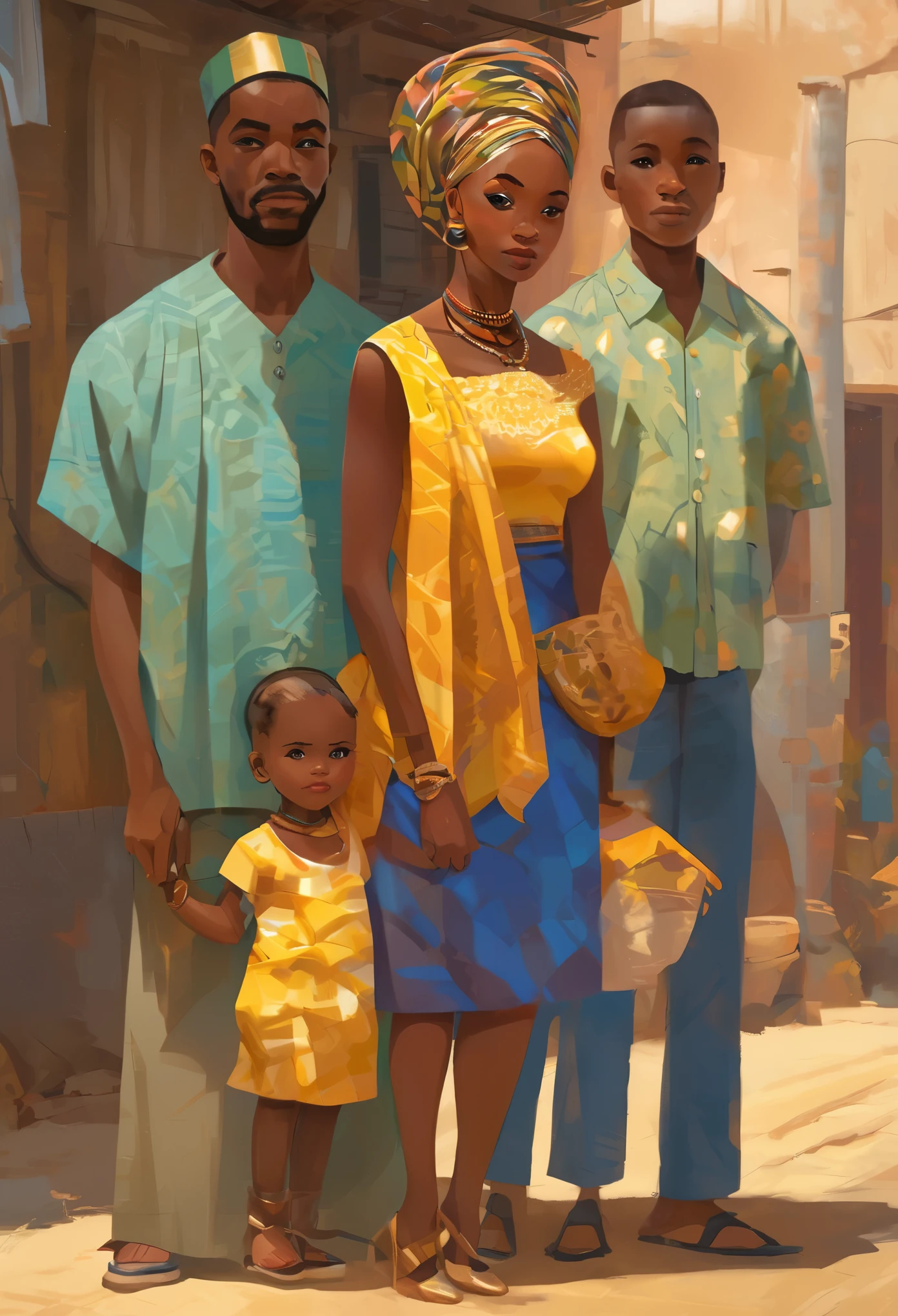 An African family standing on the street, desfocar o fundo, lindo, fotorrealista