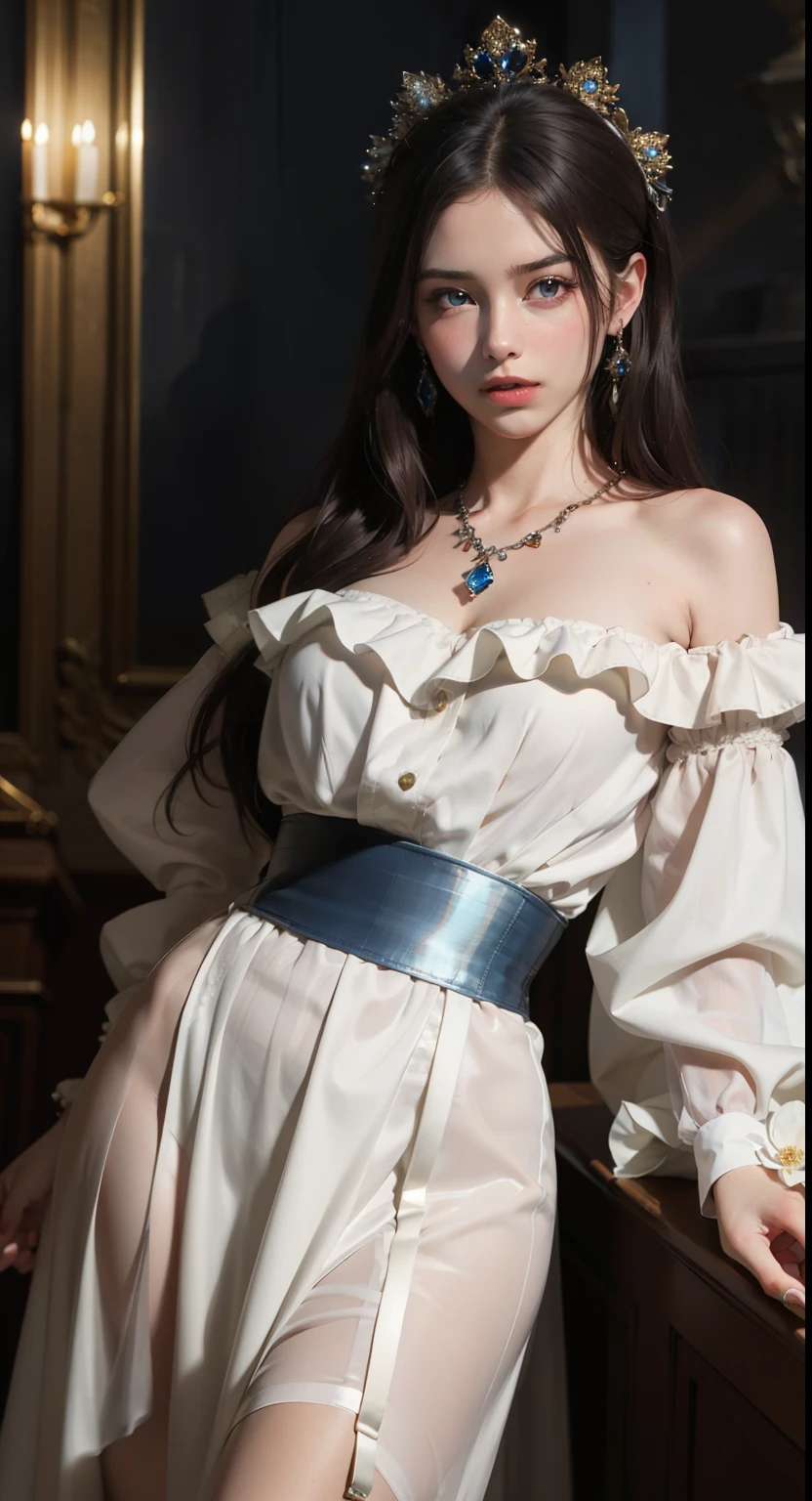 ((photorealism, high quality, detail)), (more than half of the body) An aristocratic young woman from a fictional European medieval aristocracy looks at us with seductive eyes. . (stands holding her skirt with her hands) she is dressed in a simple white dress made of fabric with a very low neckline, silver jewelry (sapphire jewelry). The hair is decorated with fresh flowers