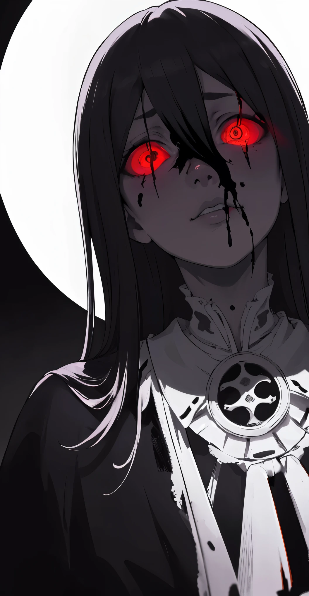 (obra maestra, La mejor calidad), fondo, (horror), miedo, horror, sangre, Llorosos, Mujer, blanco y negro, ((ojos rojos)) high resolution ultra detailed realistic shadow glowing eyes circular pupils defocused background,