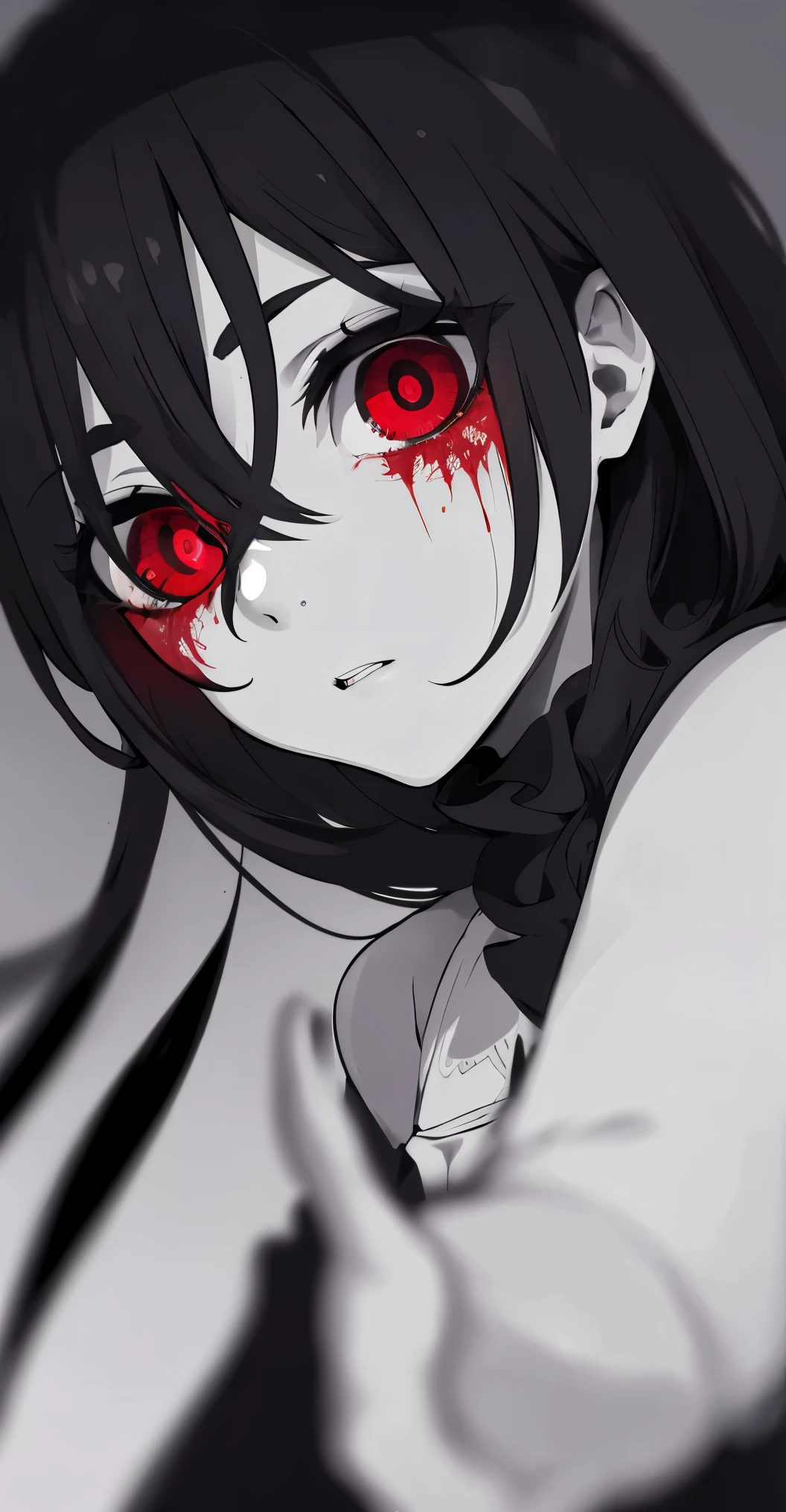 (obra maestra, La mejor calidad), fondo, (horror), miedo, horror, sangre, Llorosos, Mujer, blanco y negro, ((ojos rojos)) high resolution ultra detailed realistic shadow glowing eyes circular pupils defocused background,