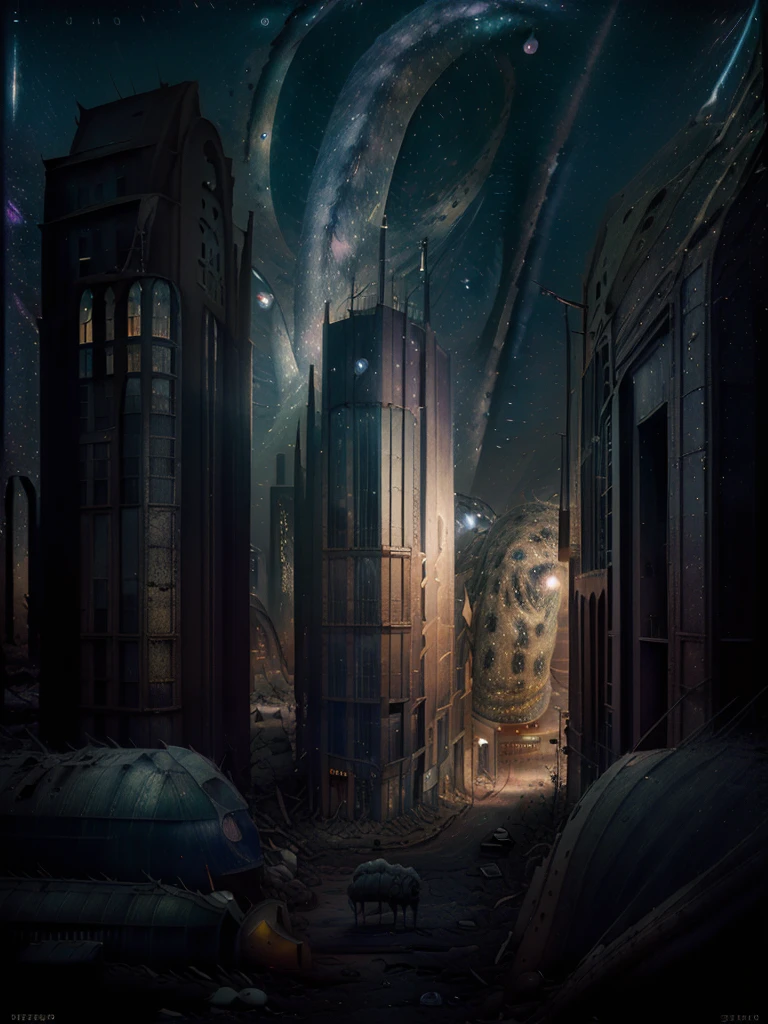 general shot: 1.3, masterpiece, ((apocalyptic city scenery with a night sky and starry mutant animals: 1.5)),(( full of stars and galaxies: 1.5)), very beautiful digital art, digital art. highly detailed and highly detailed magical fantasy, colorful digital fantasy art, highly detailed digital art, beautiful and gorgeous digital art, highly detailed digital painting, 32k