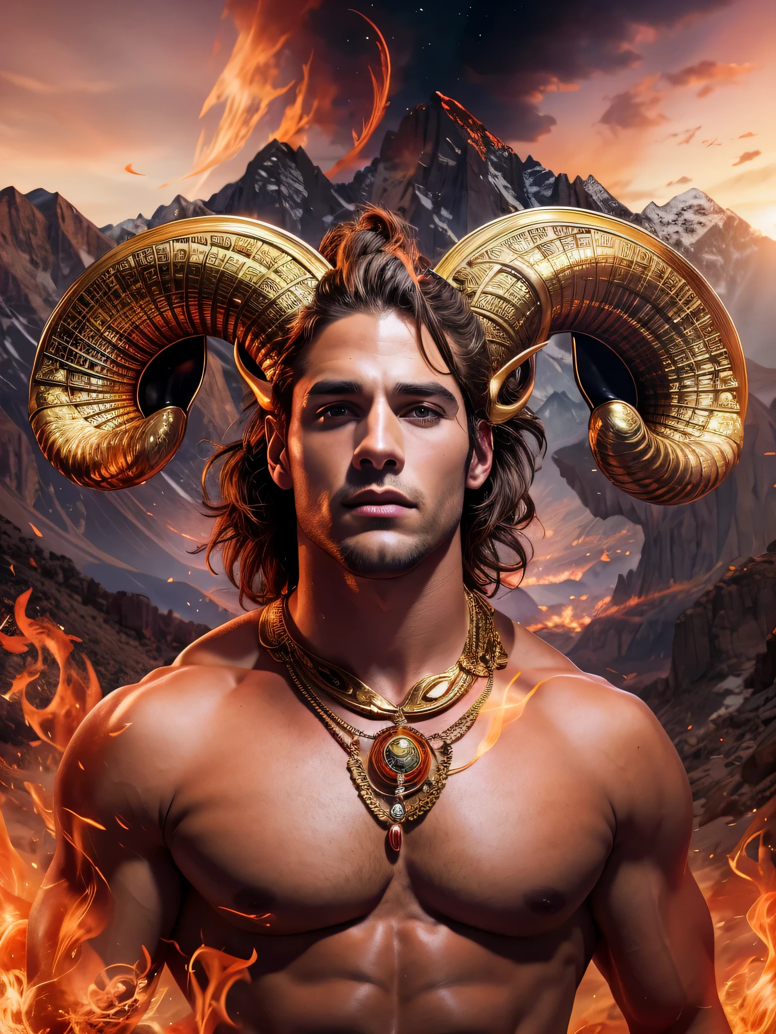 A photorealistic image featuring a sexy male model embodying the bold and confident traits of Aries, personification of the Aries zodiac sign, ram horns on head, set against a backdrop of dynamic flames and mountains and celestial elements.