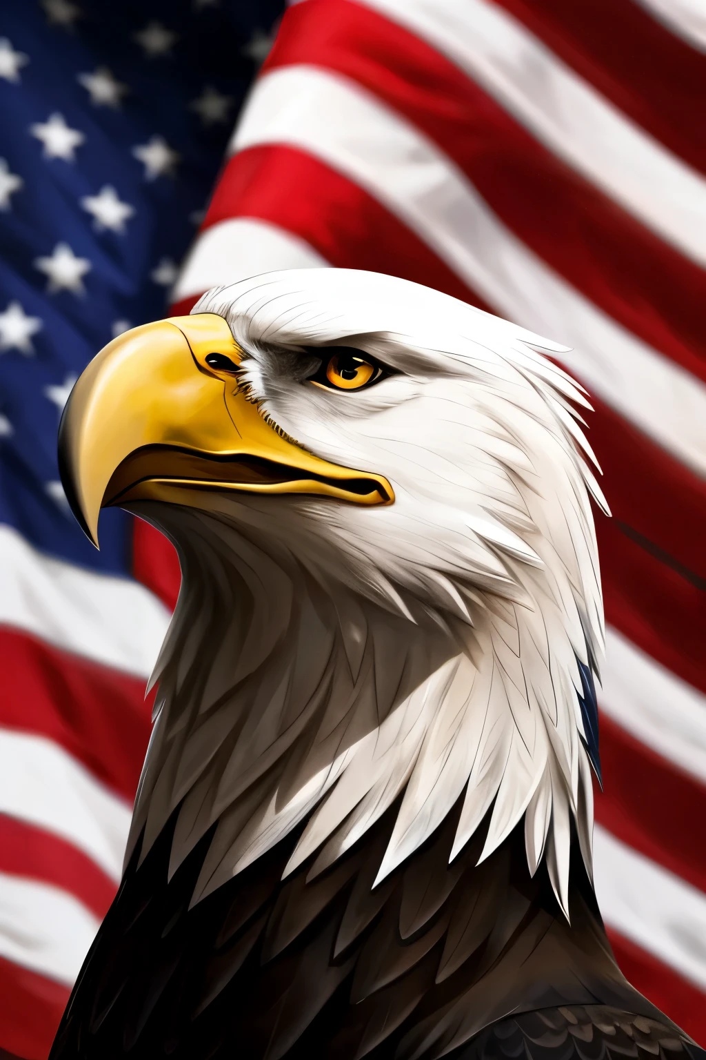 a close up of a majestic life-like American bald eagles head as it looks into the distance, a bold American flag waves prominently in the background

