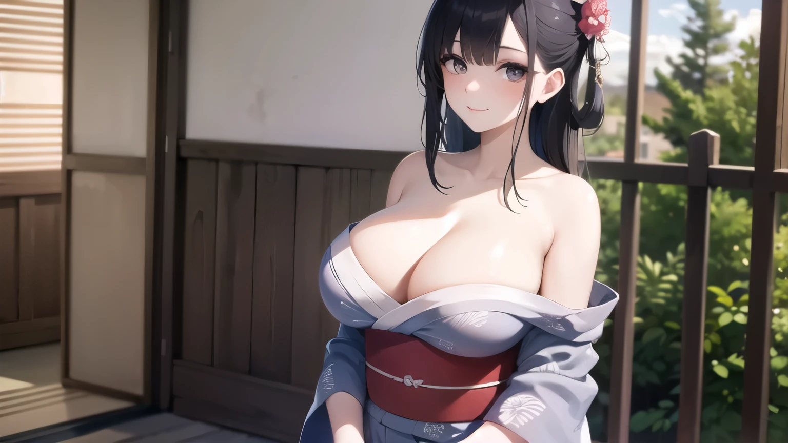 (((masterpiece, best quality))), (((superior quality))), cute girl, ((extremely detailed girl)), (huge breasts), (yukata), (bare shoulders), strapless top, slight smile