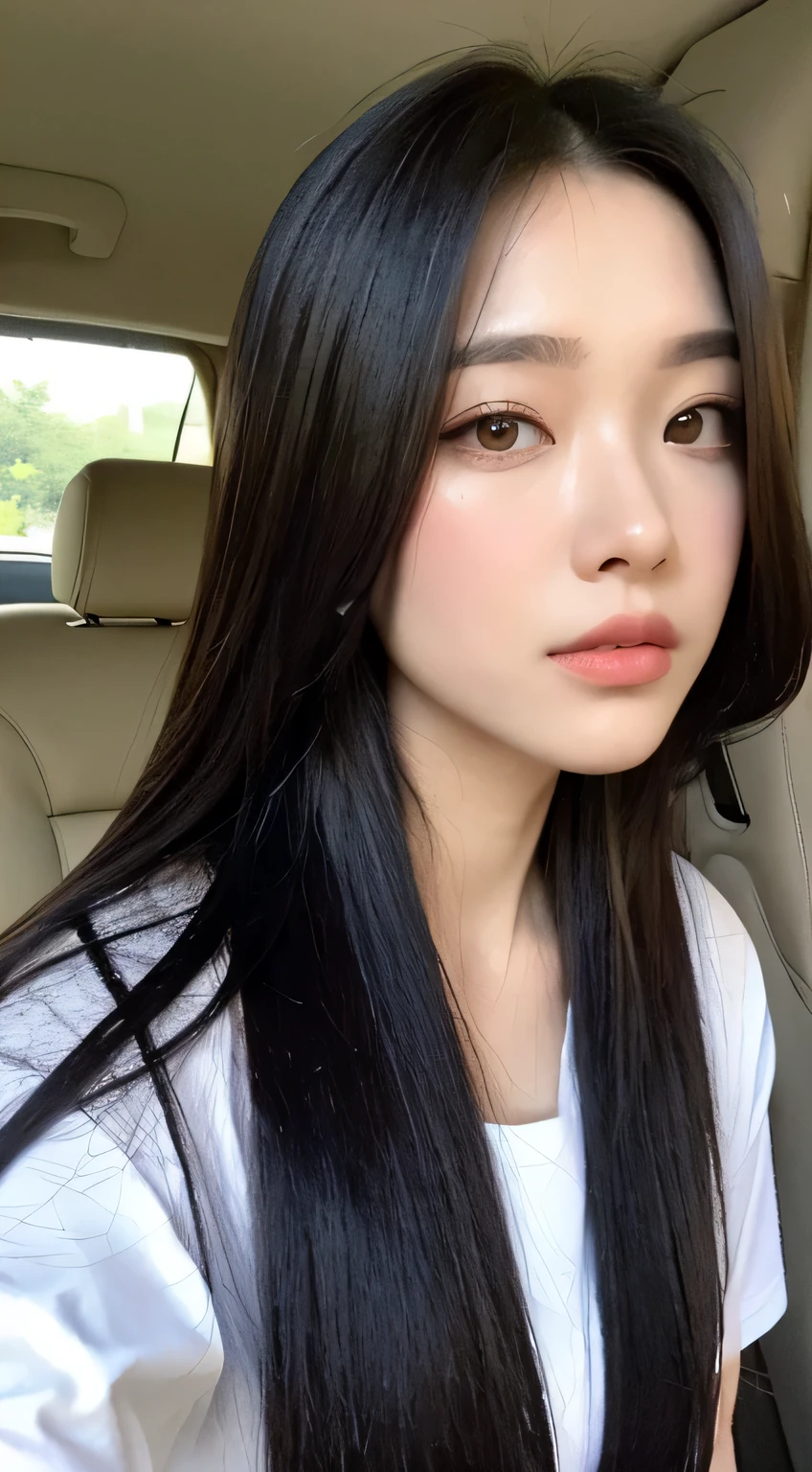 ((Top quality, 8k, Masterpiece: 1.3)), beauty, hidden face, 1 girl, beauty: 1.3, slender abs: 1.1, large men's shirt (loose: 1.4) exposed, full chest, long braided black hair, (kneeling on car), ultra-detailed face, highly detailed lips, detailed eyes, double eyelids, strict head and body ratio: 1.5,
