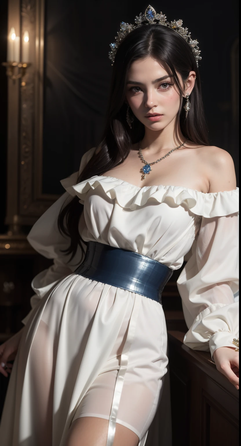 ((photorealism, high quality, detail)), (more than half of the body) An aristocratic young woman from a fictional European medieval aristocracy looks at us with seductive eyes. . (stands holding her skirt with her hands) she is dressed in a simple white dress made of fabric with a very low neckline, silver jewelry (sapphire jewelry). The hair is decorated with fresh flowers