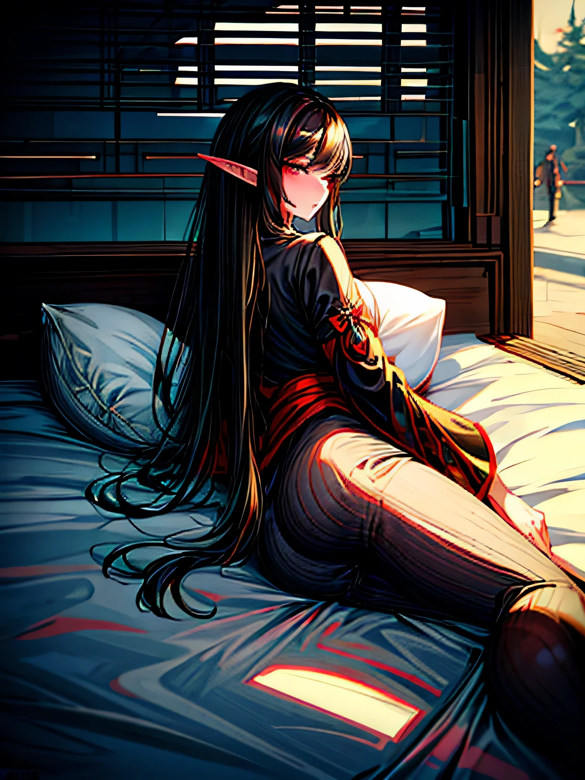 Rear view lying sloppily。black hair。goblin。woman。Lazy look。serious expression。exquisite details。high quality。look of contempt