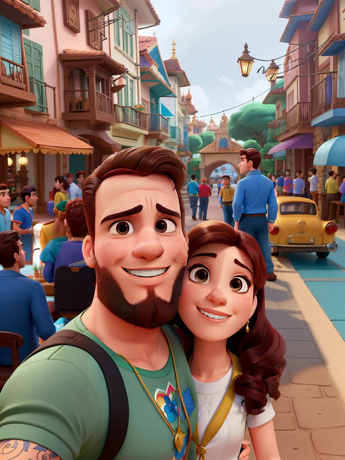 Casal (homem moreno e mulher branca) no estilo Disney Pixar, alta qualidade, melhor qualidade.