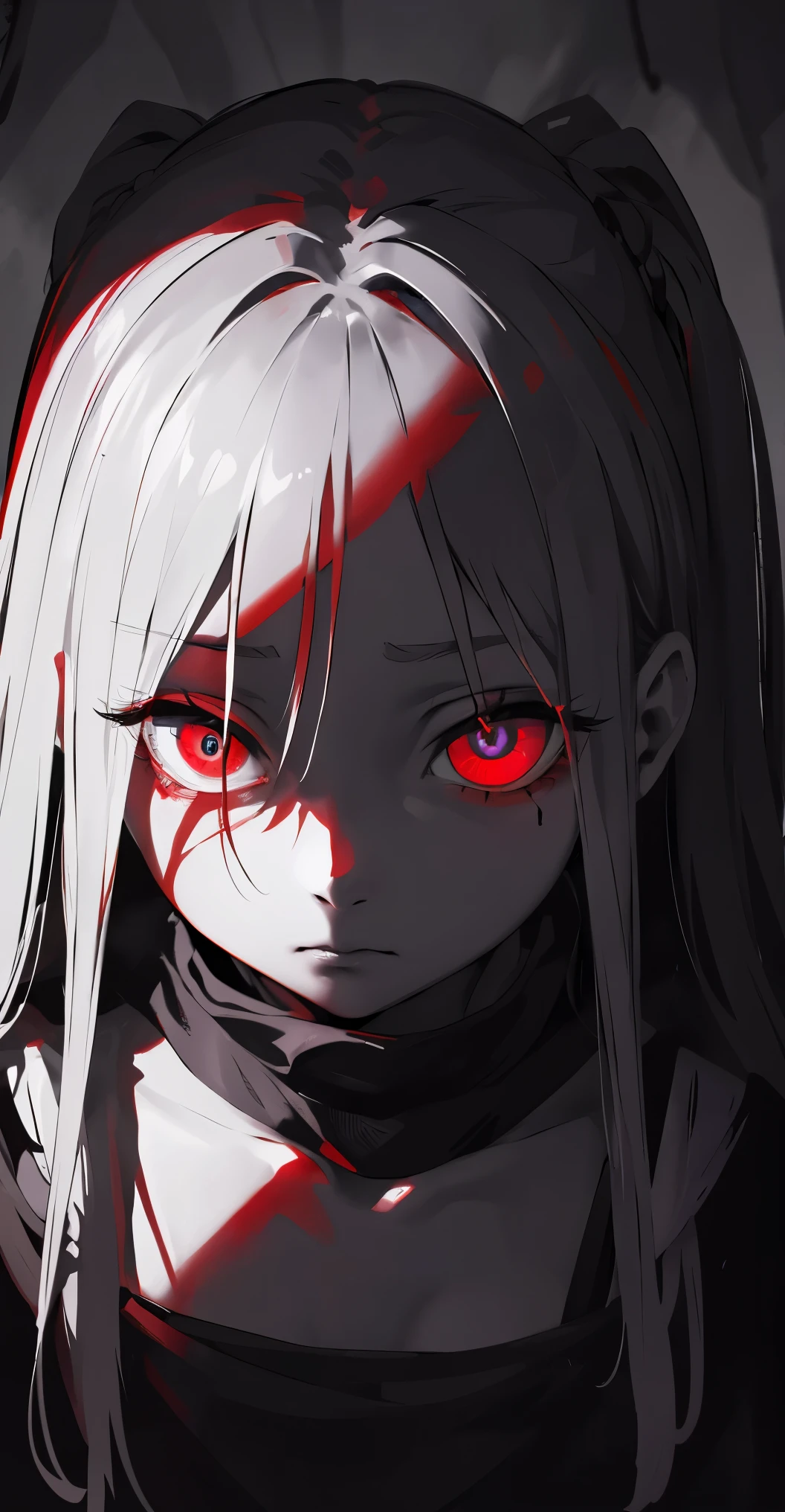 (obra maestra, La mejor calidad), fondo, (horror), miedo, horror, sangre, Llorosos, Mujer, blanco y negro, ((ojos rojos)) high resolution ultra detailed realistic shadow glowing eyes circular pupils defocused background,