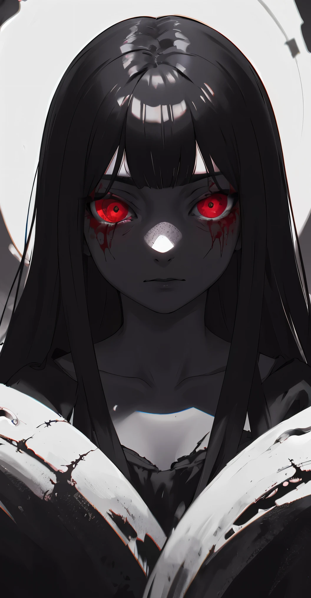  simple background, monochrome, horror (theme) there is a broken picture, black paint splatted, red blood splatted, smoked, red blood  (((anime girl character))), big boobies, wearing a mask