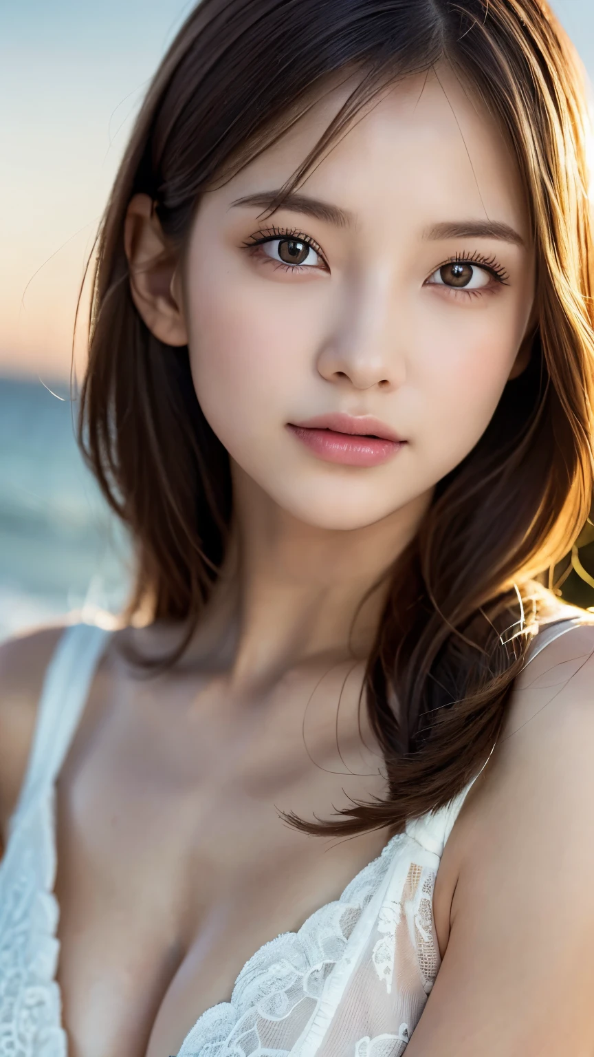 (High resolution, 4k, 8k, super detailed:1.2), (surreal, realistic:1.37), (illustrated), (detailed lighting), (very delicate and beautiful), one young girl, light brown hair, brown eyes, model, bare shoulders and chest, gesture of touching hair with hand,sexy(highest quality), super detailed CG wallpaper in 8k, Bright colors, professional level, ((Bokeh effect)), Depth of the bounds written, twilight, Near the seaside