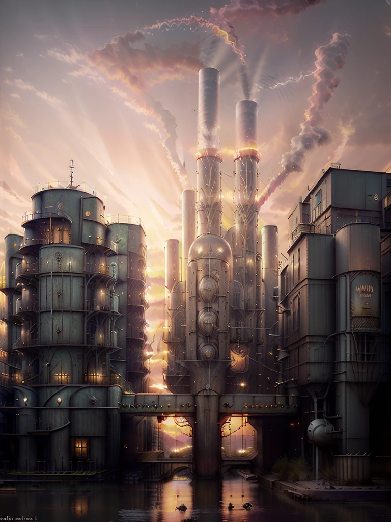 long shot: 1.3, masterpiece, ((industrial city scene with sky with sunset: 1.5)),(( machinery, metal: 1.5)), very beautiful digital art, digital art. highly detailed and highly detailed magical fantasy, colorful digital fantasy art, highly detailed digital art, beautiful and gorgeous digital art, highly detailed digital painting, 32k