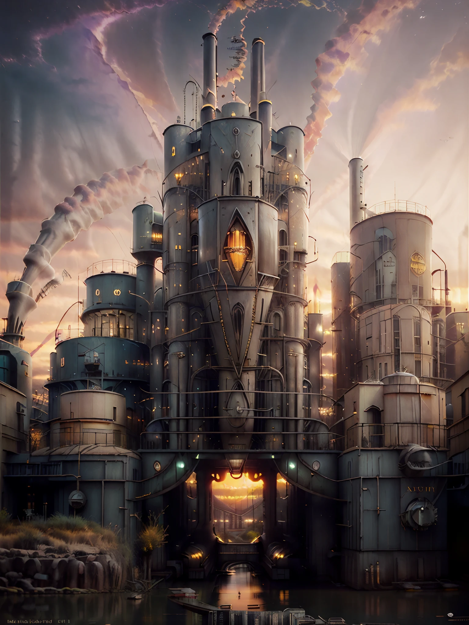 long shot: 1.3, masterpiece, ((industrial city scene with sky with sunset: 1.5)),(( machinery, metal: 1.5)), very beautiful digital art, digital art. highly detailed and highly detailed magical fantasy, colorful digital fantasy art, highly detailed digital art, beautiful and gorgeous digital art, highly detailed digital painting, 32k