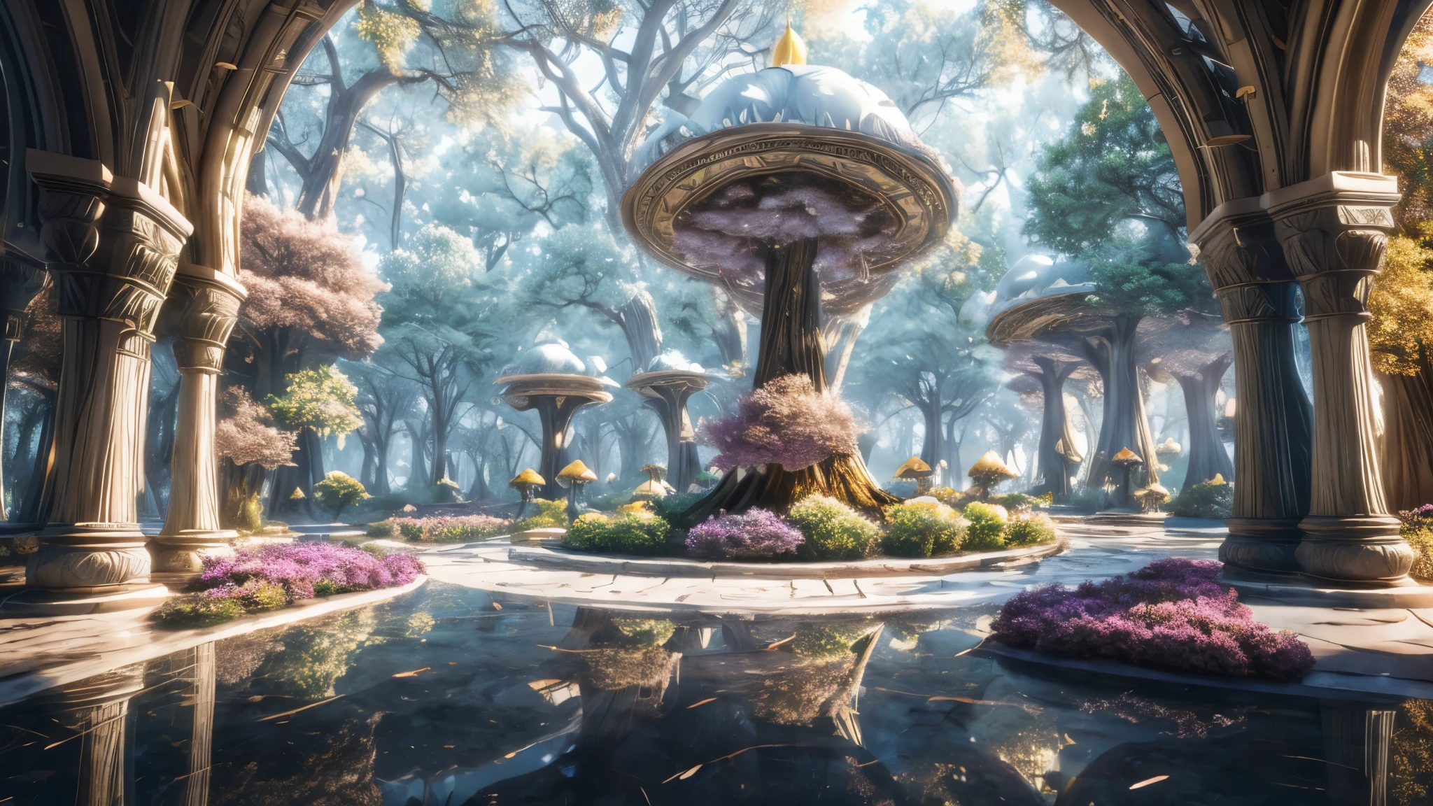 (Masterpiece), best quality, 8k, magical atmosphere, forest, majestic trees, colorful mushrooms, marble and ceramic central square, fairytale atmosphere, harmony of nature, ethereal magic, breathtaking beauty, mysterious wonder