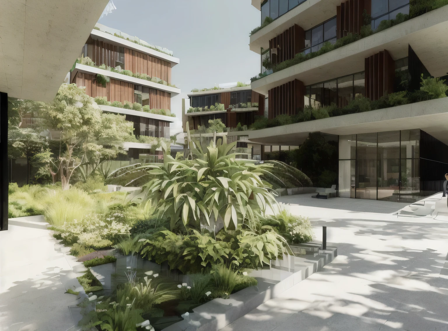 there is a plant in a pot in the courtyard of a building, architectural rendering, empty buildings with vegetation, renderizar coroa, architectural visualization, architectural visualization, ambiente exuberante, green terrace, low angle dimetric rendering, architectural rendering, skyscrapers with vegetation, arquivamento, architectural renderinging, professional rendering, detailed arquivamento render, architectural 3D rendering, high rendering