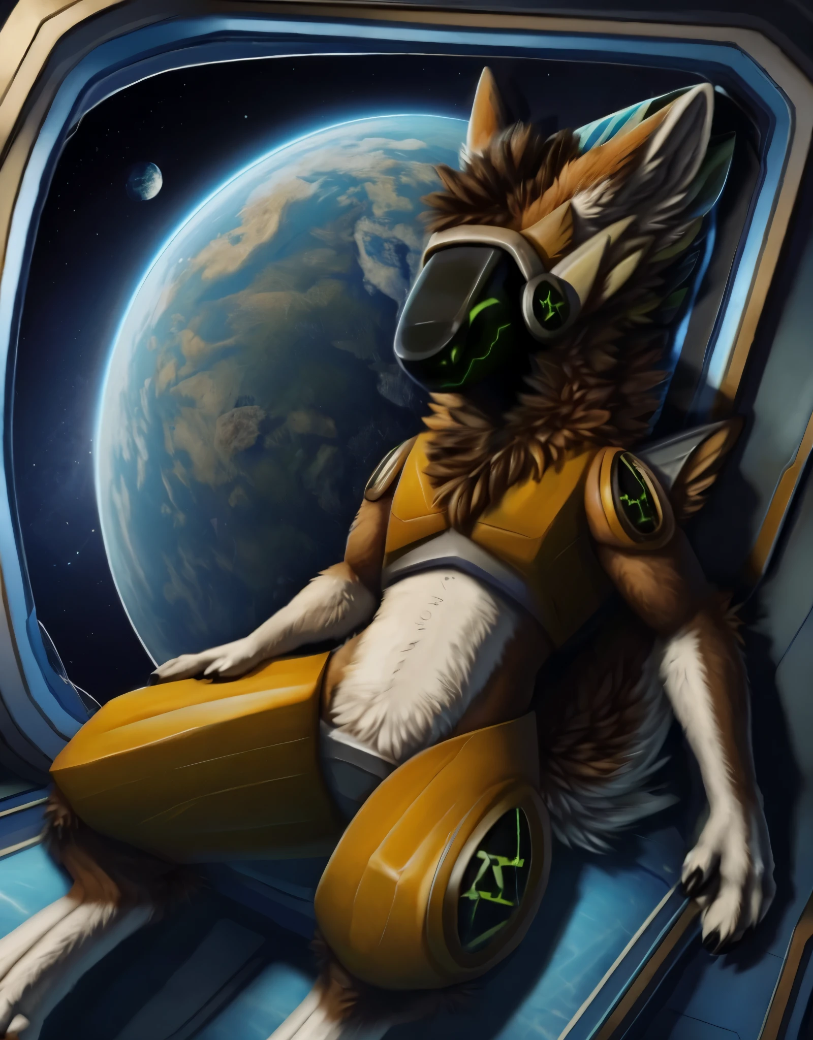 (very detailed illustration: 1.2), best quality, masterpiece, solo, natural lighting, protogen, (protogen face: 1.1), (protogen visor: 1.1), brown tail, torso, yellow eyes, dark brown fur, brown fur all over the body, dark brown hair, brown fur, sitting in a pilot's chair, advanced spacecraft, he is inside the spaceship, in space full of stars, a large planet in the distance, landscape