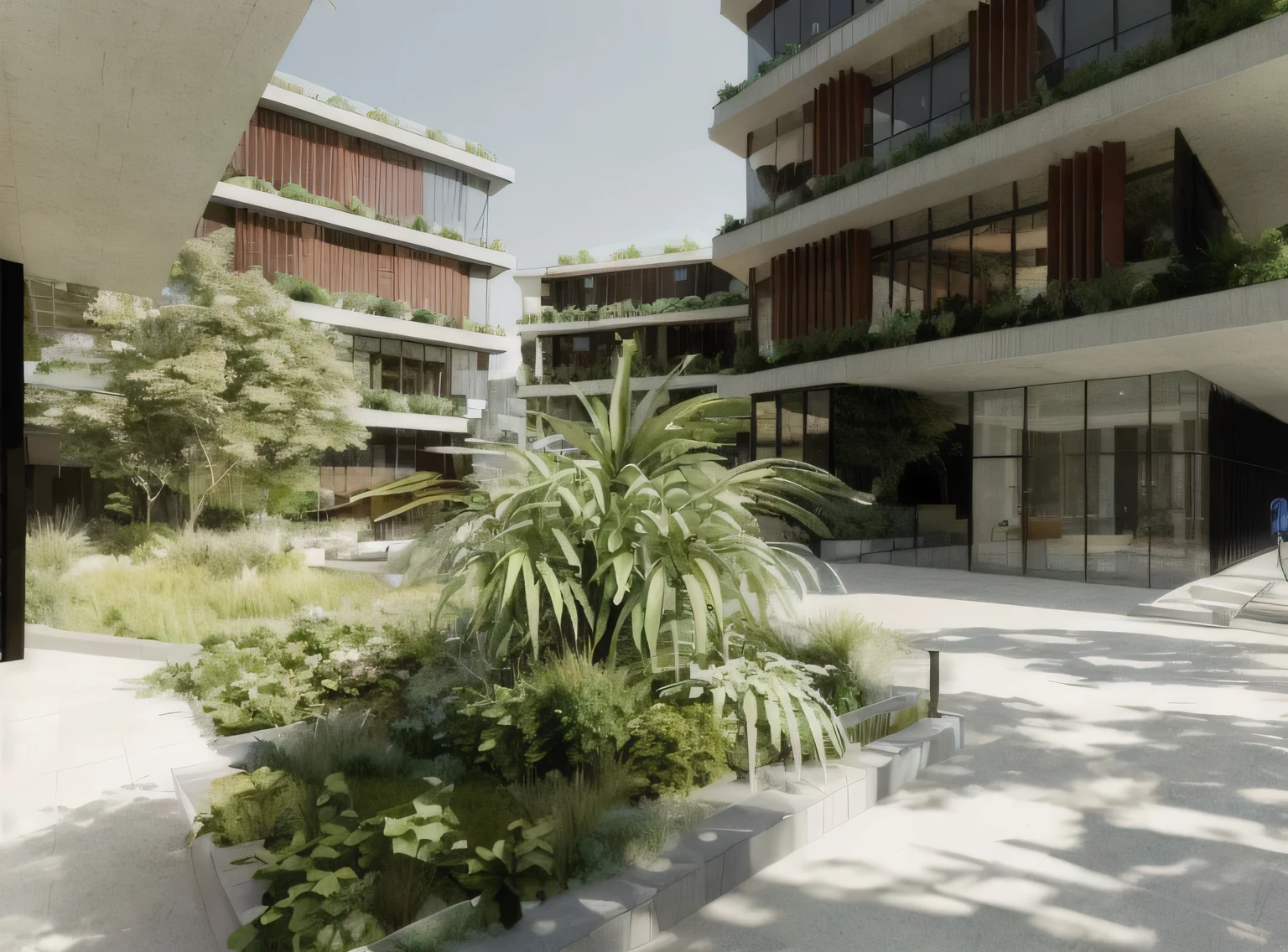 there is a plant in a pot in the courtyard of a building, architectural rendering, empty buildings with vegetation, renderizar coroa, architectural visualization, architectural visualization, ambiente exuberante, green terrace, low angle dimetric rendering, architectural rendering, skyscrapers with vegetation, arquivamento, architectural renderinging, professional rendering, detailed arquivamento render, architectural 3D rendering, high rendering