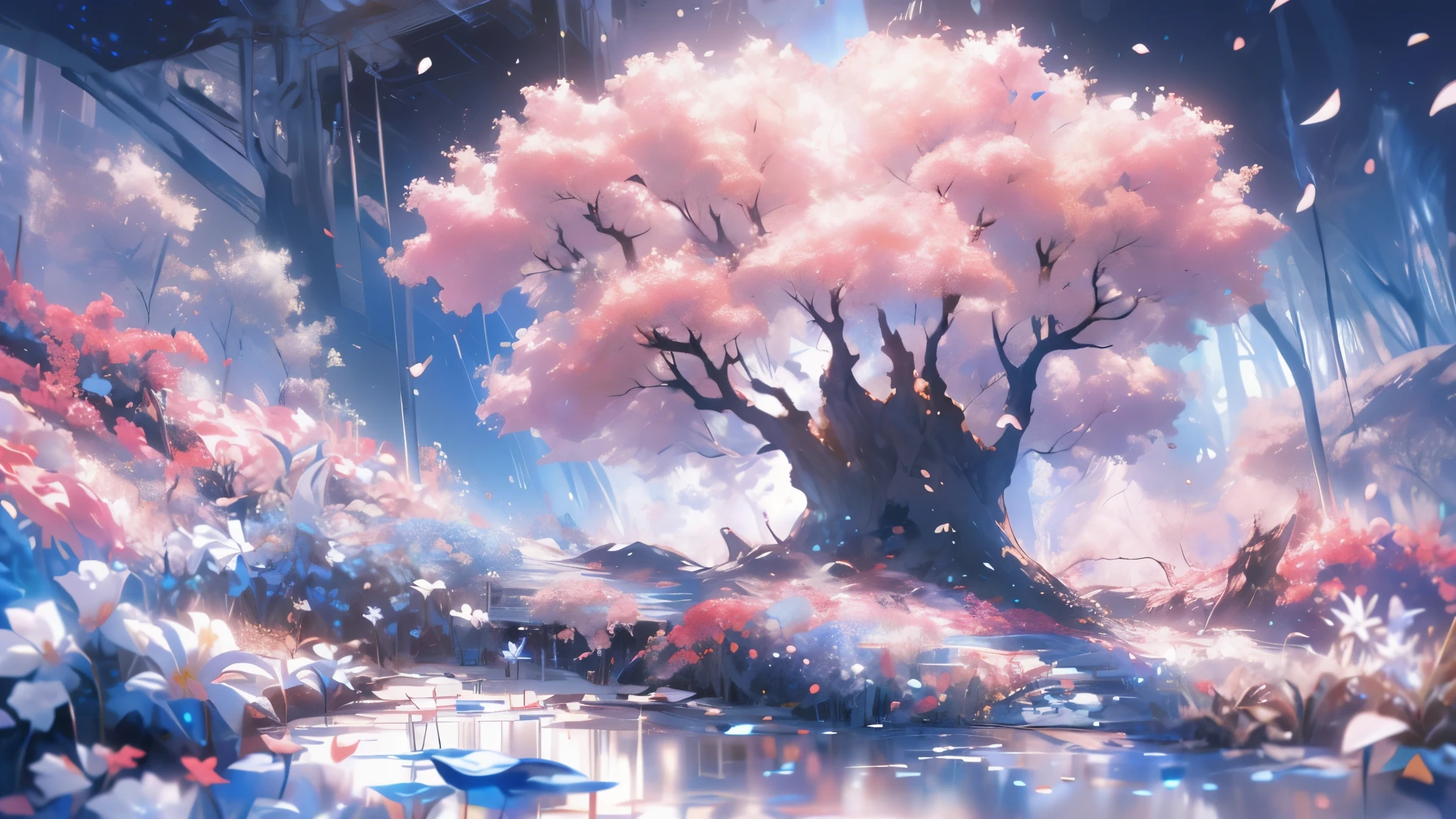 (Fondo blanco:1.4),(Camino de tierra blanca, elementos orientales)，(Spring Nature Illustration:1.3，arte de papel:1.3, Arte de papel acolchado:1.2),( reasonable design, clear lines, alta nitidez,Mejor calidad, Muy detallado, mesa, Movie light effects, 4k )(hojas de cerezo、Flores de cerezo en primavera:1.0)、Muchas flores de cerezo revolotean、el viento、Fondo con、primaveral、Chica mirando hacia la izquierda、Rose petals、A lot of cherry petals.、cabello rosa muy claro、largo