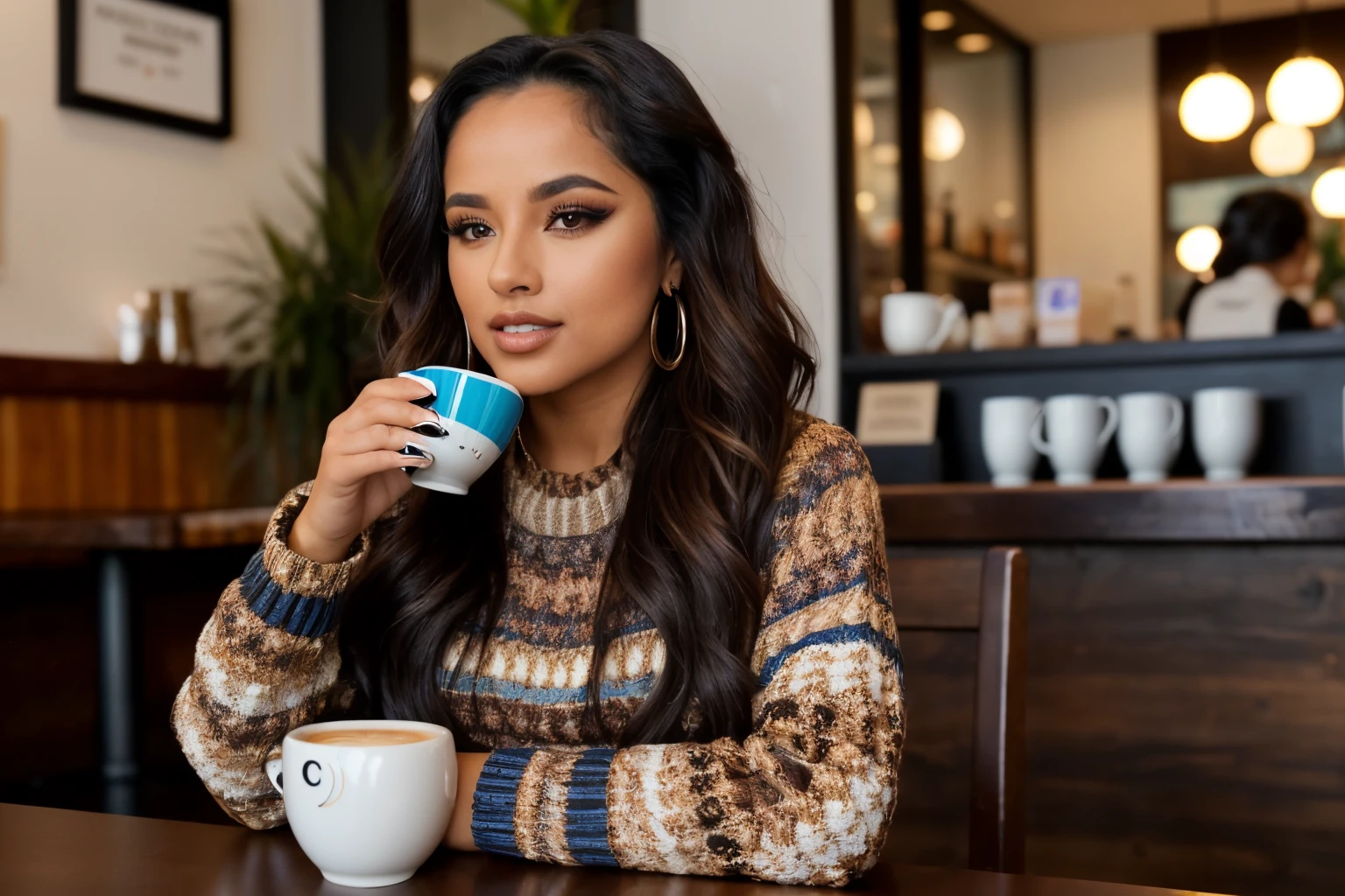 B3ckyG, a photo of a woman, sitting at a table in a coffee shop, holding a ceramic coffee mug, warm lighting, wearing a colorful top, detailed eyes, detailed skin,  long wavy black hair, eyeliner, mascara, eyeshadow 