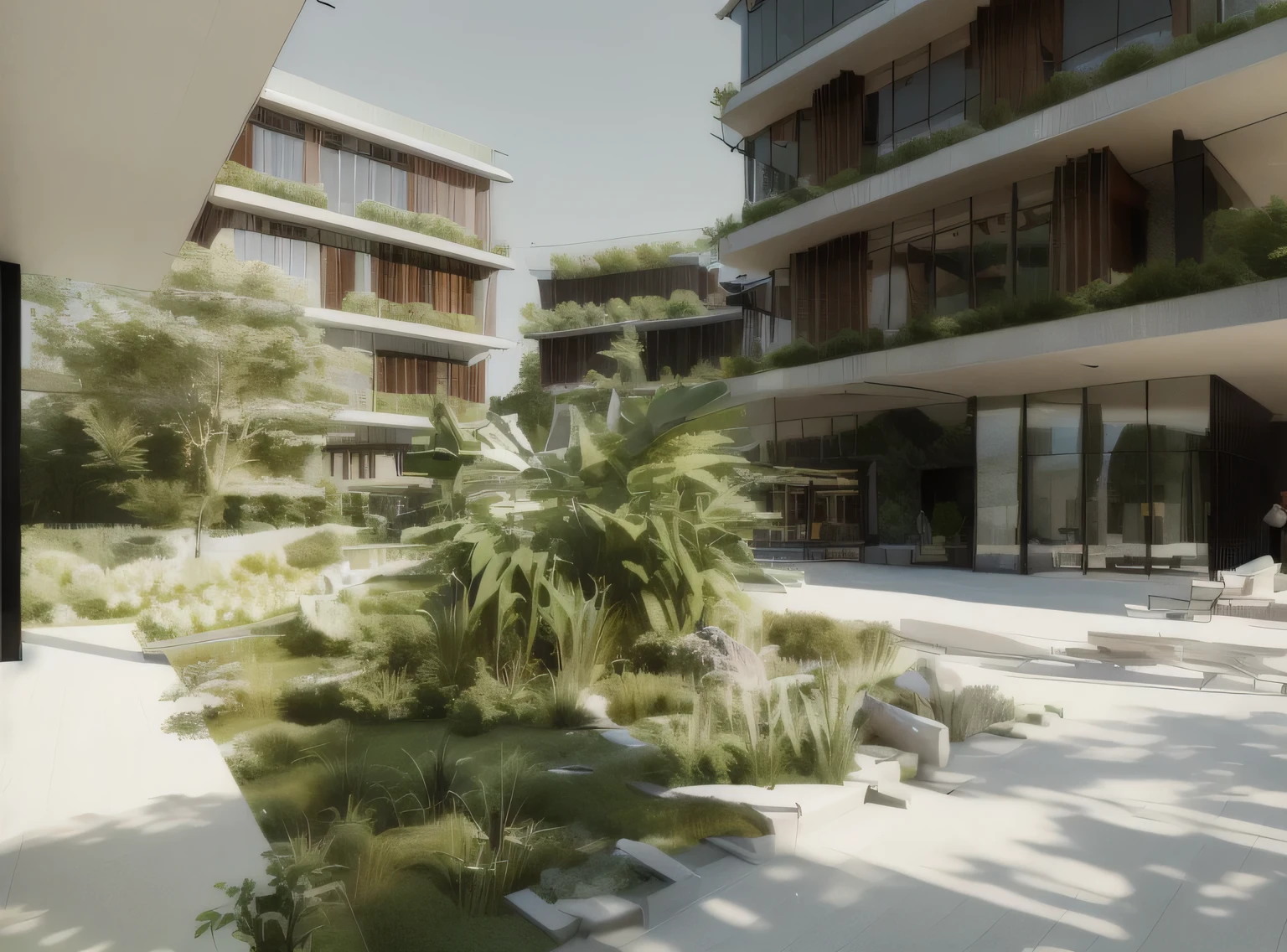 there is a plant in a pot in the courtyard of a building, architectural rendering, empty buildings with vegetation, renderizar coroa, architectural visualization, architectural visualization, ambiente exuberante, green terrace, low angle dimetric rendering, architectural rendering, skyscrapers with vegetation, arquivamento, architectural renderinging, professional rendering, detailed arquivamento render, architectural 3D rendering, high rendering