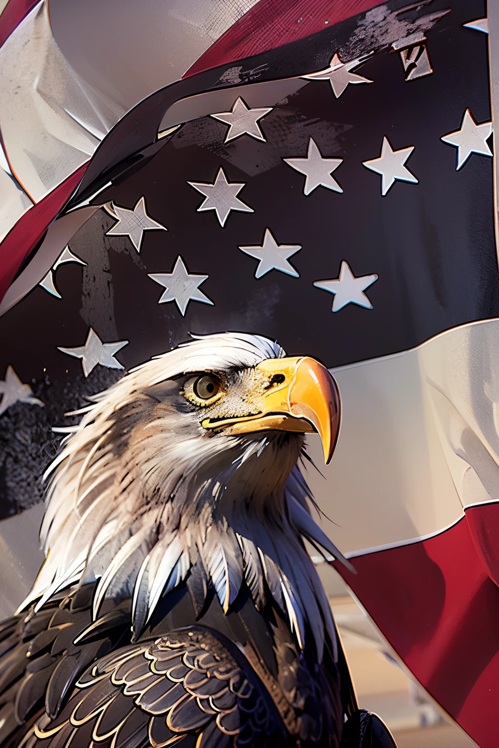 a close up of a majestic life-like American bald eagles head as it looks into the distance, a bold American flag waves prominently in the background