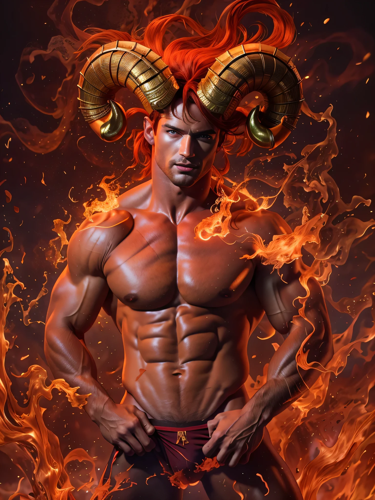 (best quality,4k,8k,highres,masterpiece:1.2), ultra-detailed, (realistic,photorealistic,photo-realistic:1.37), dynamic flames, celestial elements, sexy male model:1.1, personification of zodiac sign Aries, bold and confident traits of Aries, ram horns on head, strong muscular build, intense gaze, fierce expression, charismatic aura, fiery red hair, chiseled features, sculpted abs, perfect physique, full body, nude, large erect penis, alluring charm, seductive smile, radiating confidence, striking pose, passionate energy, dramatic lighting, intense shadows, ethereal glow, vibrant colors, powerful presence