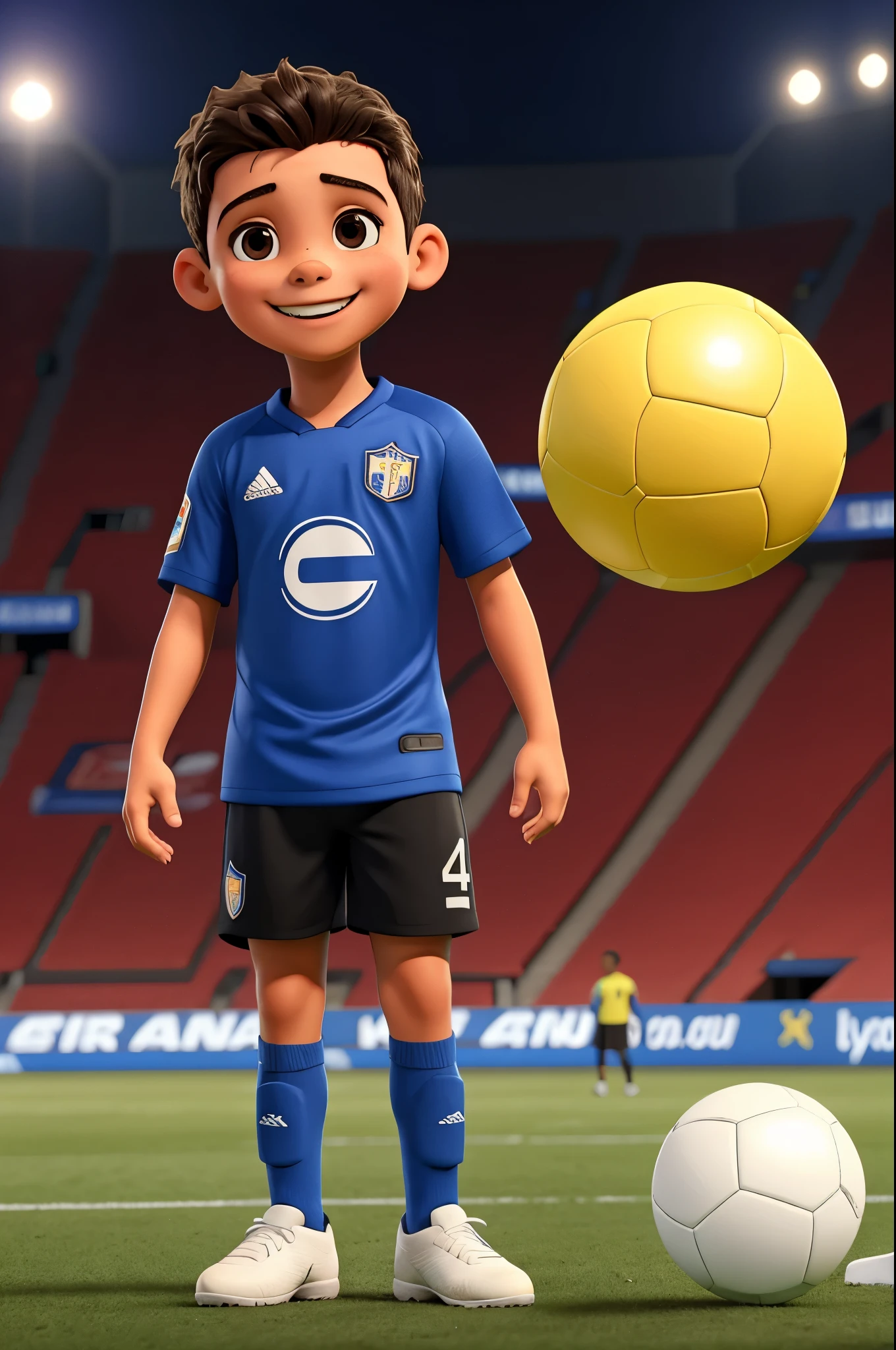 menino feliz com roupa de futebol segurando uma bola de futebol