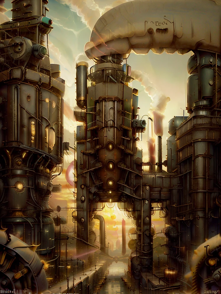 long shot: 1.3, masterpiece, ((industrial city scene with sky with sunset: 1.5)),(( machinery, metal: 1.5)), very beautiful digital art, digital art. highly detailed and highly detailed magical fantasy, colorful digital fantasy art, highly detailed digital art, beautiful and gorgeous digital art, highly detailed digital painting, 32k