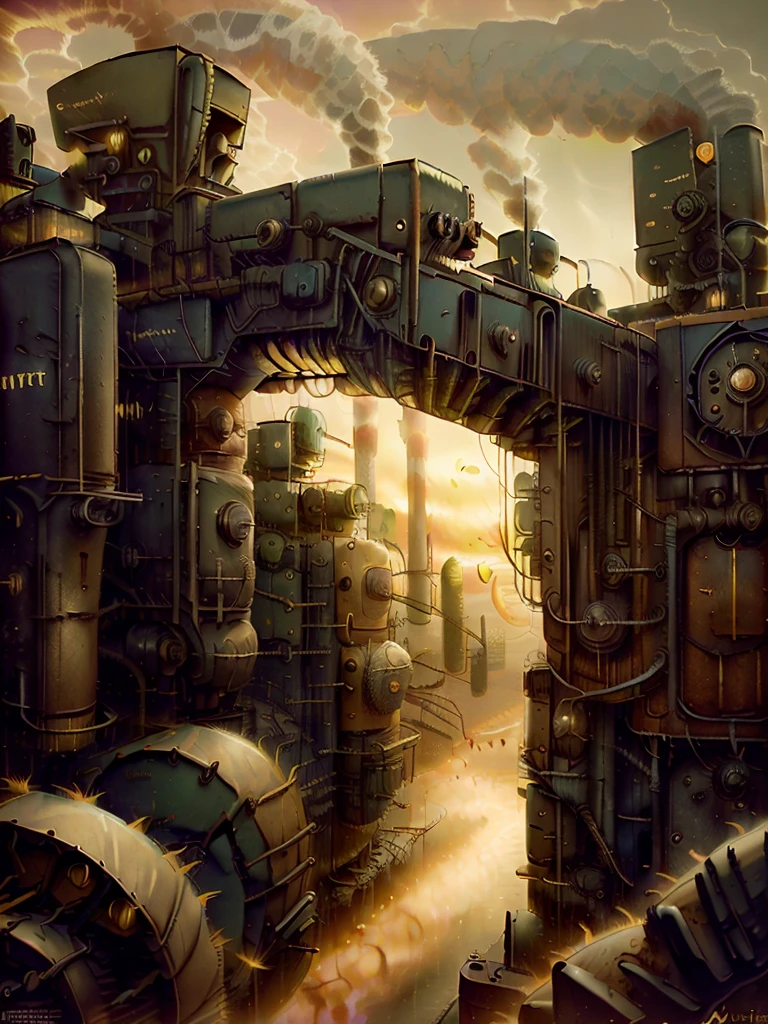 long shot: 1.3, masterpiece, ((industrial city scene with sky with sunset: 1.5)),(( machinery, metal: 1.5)), very beautiful digital art, digital art. highly detailed and highly detailed magical fantasy, colorful digital fantasy art, highly detailed digital art, beautiful and gorgeous digital art, highly detailed digital painting, 32k