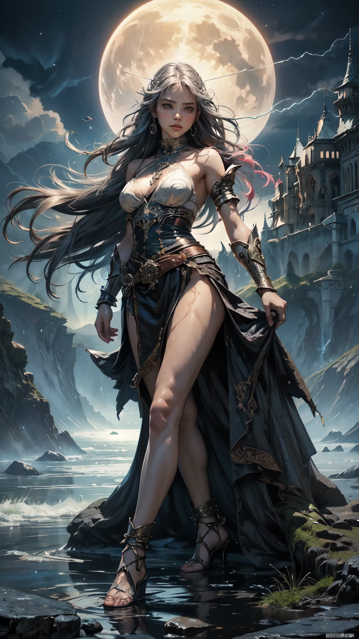 front view, (masterpiece), best quality, expressive eyes, perfect face, warrior woman, sword in left hand, half naked, steel bracelet, silver bracelet, bronze belt, exposed breasts, beautiful vagina, vagina with small soft hairs , woman with very long hair moved by the wind, night light, cloudy sky, dark clouds with lightning, mountain, castle embedded in the mountain rock, waterfall coming out of the castle, beautiful warrior goddess, fantasy, fog, skin wet with sweat, blushing and panting face, provocative look, sexy pose, full female body, oriental mandala tattoos, transparent dresses, skin wet with water, stormy sky, red storm clouds, floating antique clock, beautiful girl with a slight smile, waterfall, lamp, flashlight, no panties, mandala and flower tattoos on naked body, majestic, sense of depth, expressive eyes, perfect face, 8k, (Woman: 1.5), elegant and flexible (athletic build: 1.5), Emerald Eyes (Vibrant: 1.5), Brown Hair (Vibrant: 1.5), UHD, HDR, Cinematic Image, Intricate Details, Ultra Realism, Viridian Tones, Dystopian Palace, Luxurious Atmosphere, Ultra Detailed, Stunning Image, IMAX, Cinematic, Award-winning photography, complex, low aperture (F1.2), dramatic. lighting, cinematographic composition, professional, eroticism, medieval castle embedded in the mountain, night sky, full moon, 1 girl, 18 years old, (legs open), pink lips, well lit, pretty and aesthetic: 1,2), ( 1 girl), extremely detailed, (fractal art: 1.3), colorful, most detailed, beautiful goddess, Caucasian girl with shiny silver hair, full female body, viridian toned colors, metallic colors, enamel colors, long white hair, art style wlop, sakimichan art style, NSFW, run and dodge, fighting pose, beautiful woman warrior in combat, front view, girl seen from the front