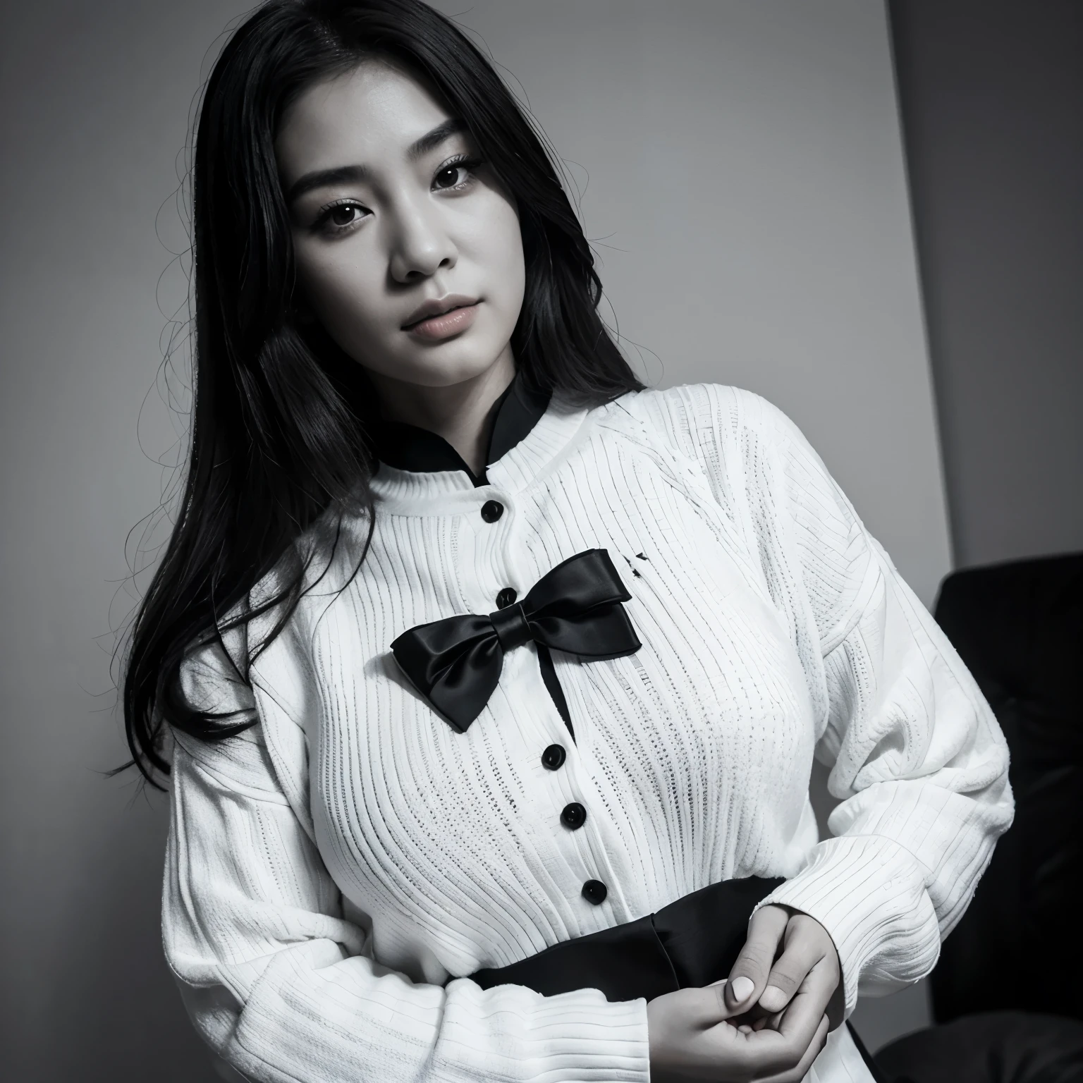 Highly detailed, realistic, asian Woman, Black and white sweater, Big , holding a tuxedo