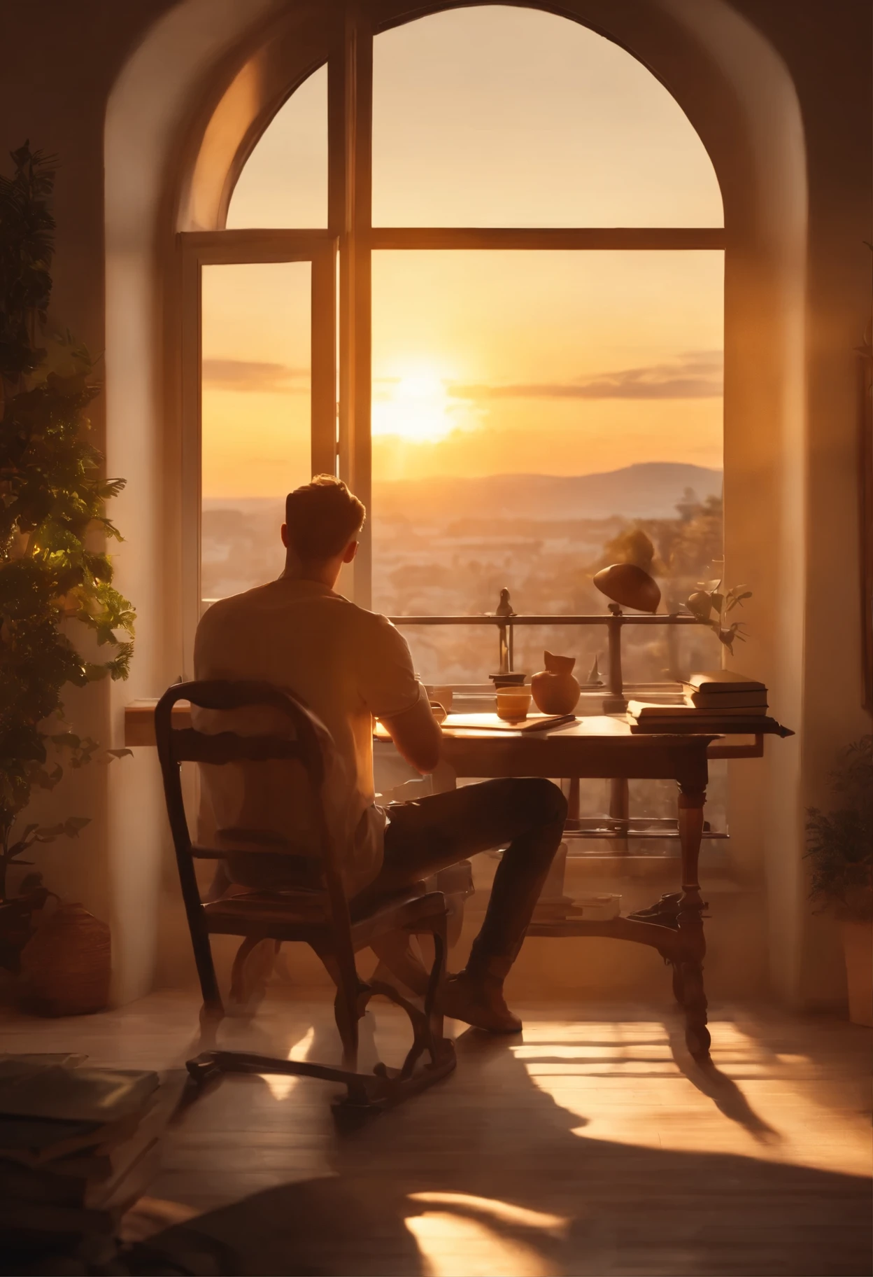 a young adult man sitting on the chair reading a book that is on a table to study, a notepad and pen with a book, a clock on the table, Comfortable chair, is depicted from behind. A cozy room with a window with a beautiful view of the sunset, , The scene is clean and orderly, paredes limpas e sem objetos. The room exudes a clean and attractive vibe, com uma mesa bem cuidada. The sunlight streaming through the window casts a warm glow over the entire space., tornando-o uma atmosfera serena e convidativa para trabalhar.