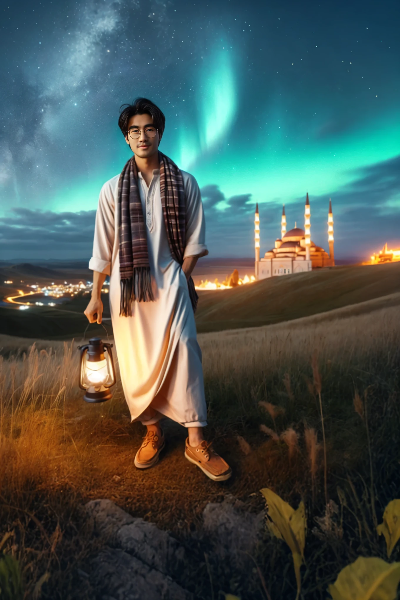 arafed man standing in a field with a lantern and a night sky, profile picture 1024px, holding a lantern, matte painting portrait shot, inspired by Amir Zand, inspired by Abdur Rahman Chughtai, arabian night, inspired by Ahmed Karahisari, edited in photoshop, portrait shot, max rive